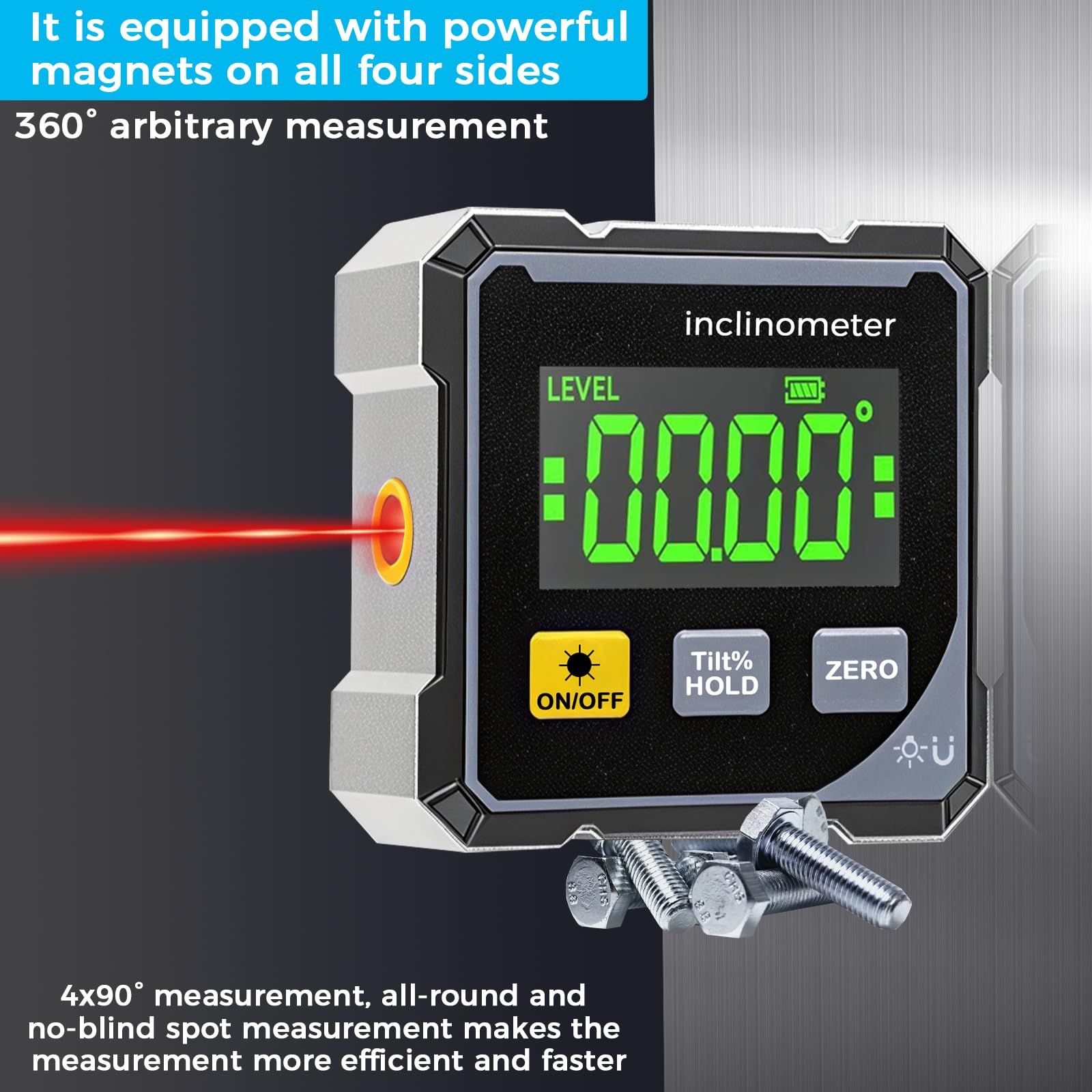 Magnetic Digital Angle Finder con Laser Elettronico, Livella Digitale, Inclinometro Digitale Ricaricabile, Goniometro Digitale con 4 Lati Magnetici, Inclinometro a 360 °, LCD Retroilluminato