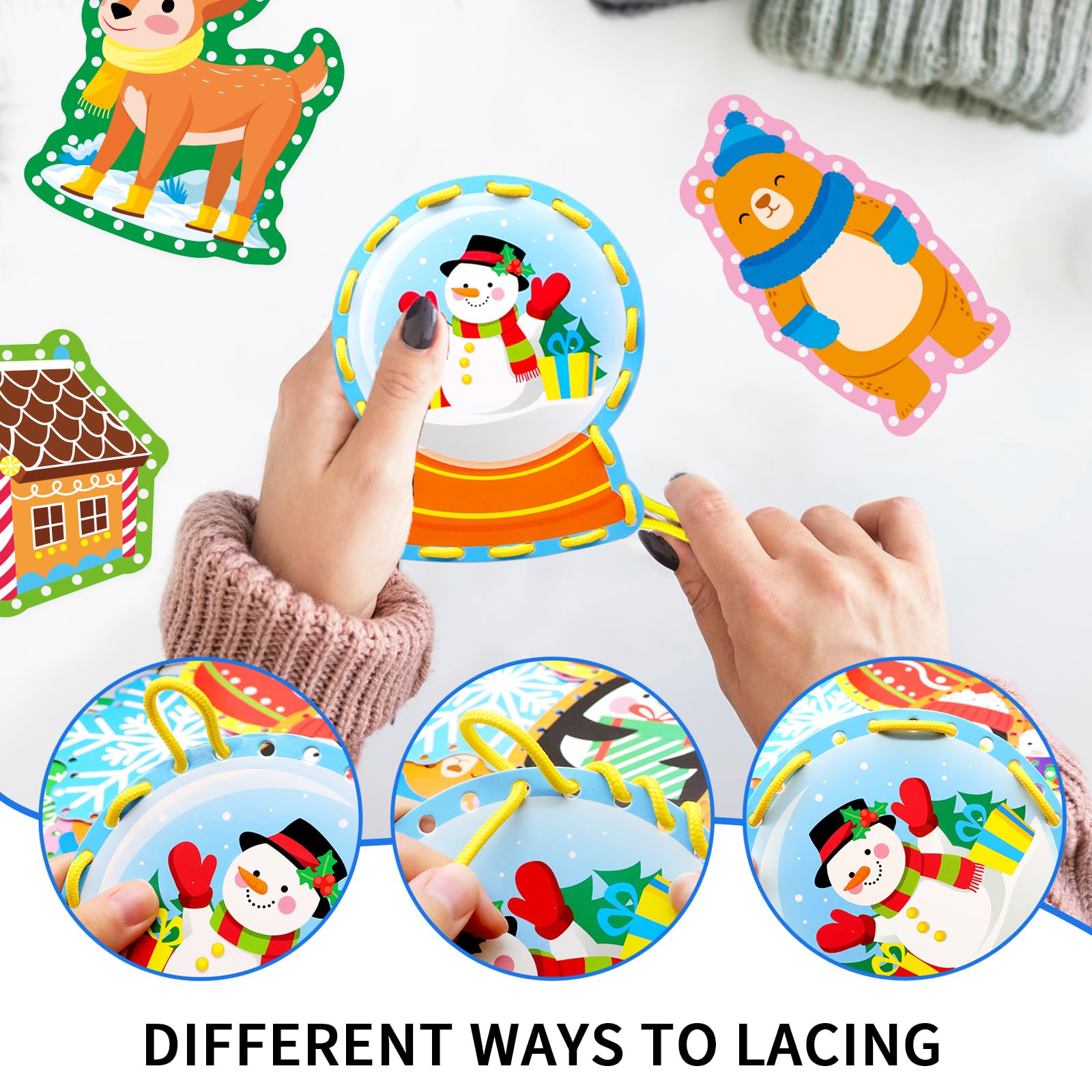 Omlisca Tarjetas de cordones de animales de invierno, 12 paquetes de kits de costura de doble cara, tarjetas de costura de Navidad, actividades educativas y de aprendizaje, habilidades motoras finas