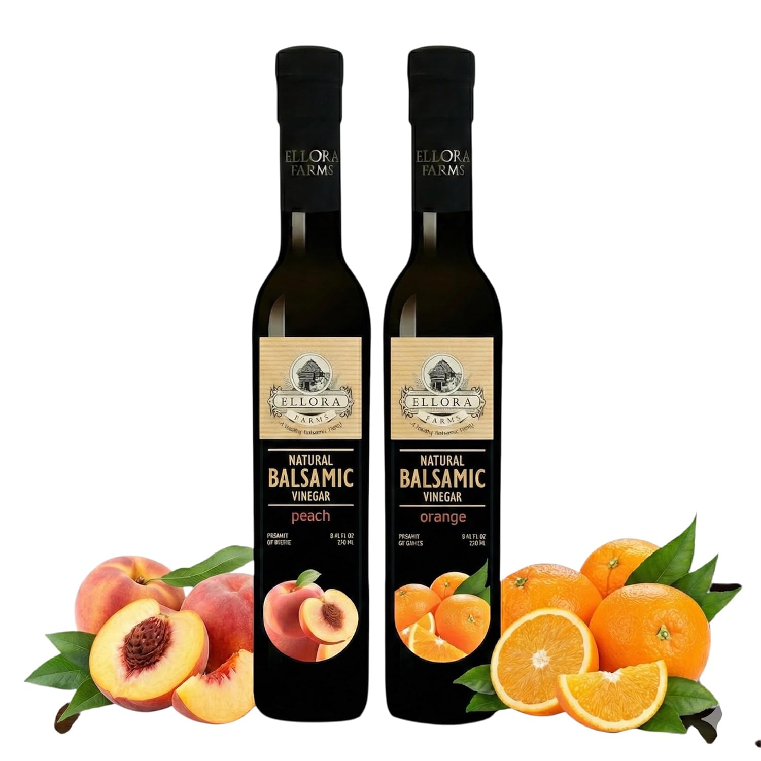 Ellora Farms, Combo Pack Fresh Orange and Peach Infused Balsamic Vinegar Crème, All-Natural, No- Additives, No-Added Sugars, Italian Dark Glass Bottles, Pack of 2