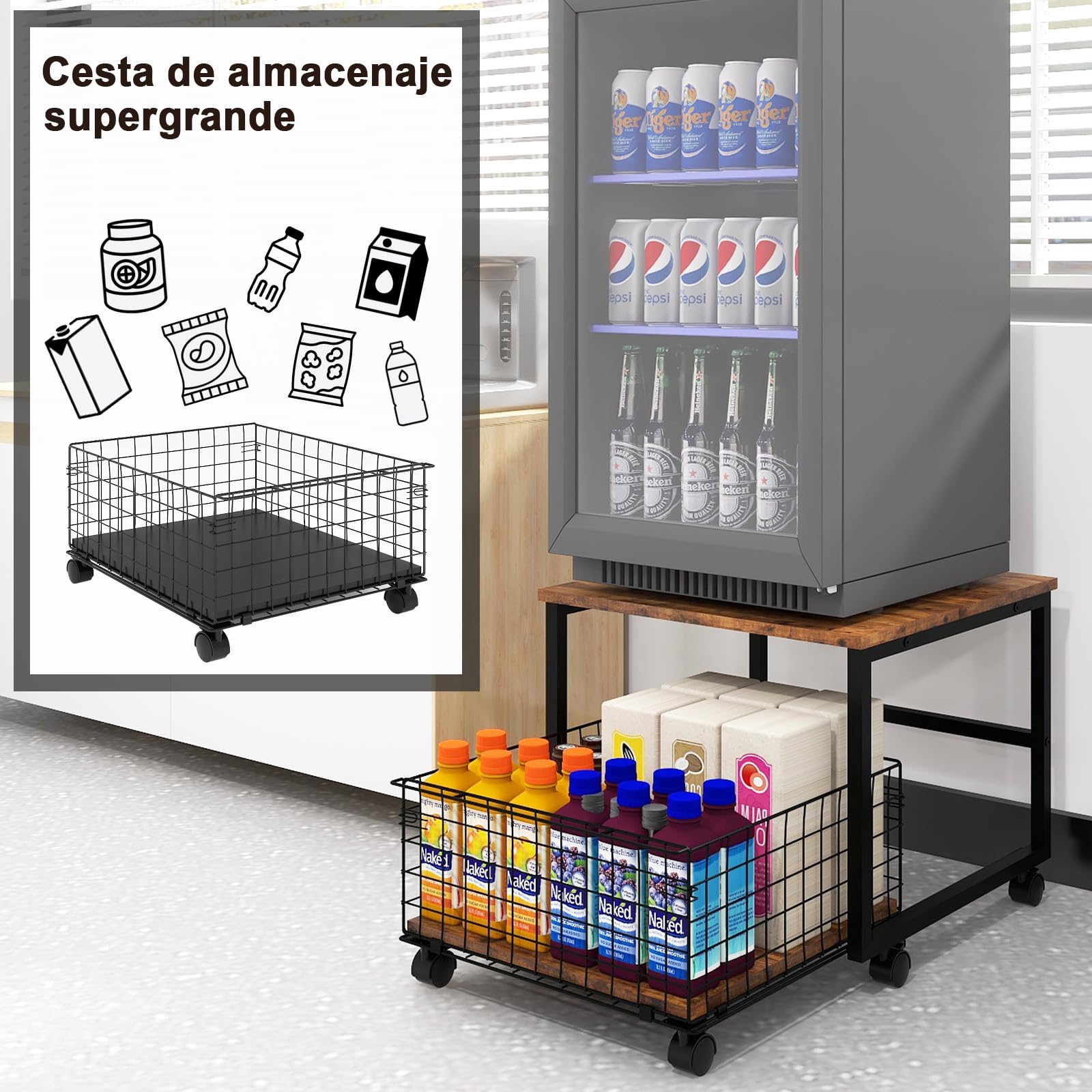 PUNCIA Soporte de Frigorífico con Cesta Metálica Base Móvil para Refrigerador con Ruedas Mueble Congelador Estantería para Nevera con Cesta Extraíble de Almacenamiento para Cocina Salón Oficina Retro