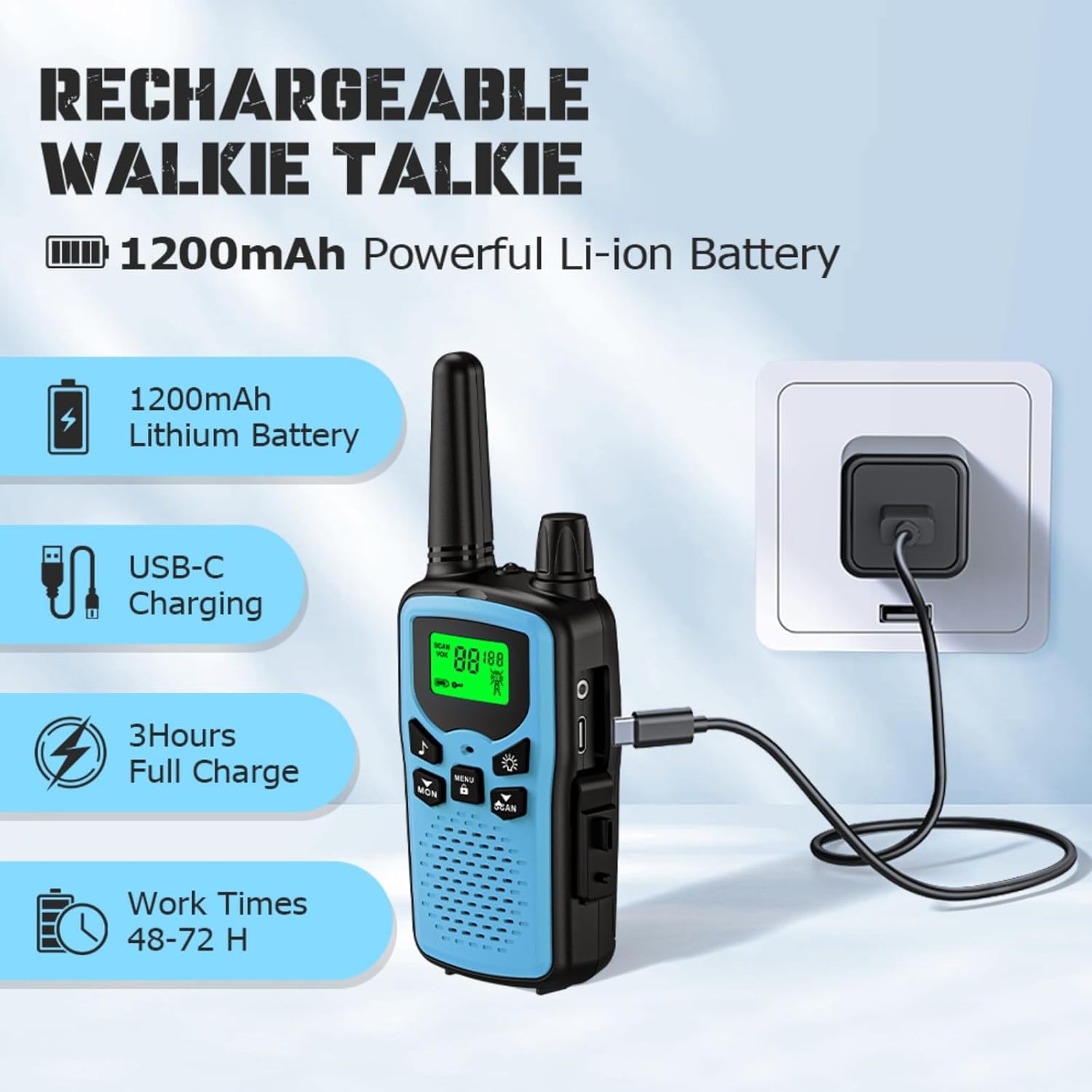 Rechargeable walkie talkies for Adult walkie talkies Long Range, 22 Channel FRS 2-Way Radios Walky Talky with LED Flashlight for Climbing, Camping Trip and Family Emergency Kit(2 Pack Blue).
