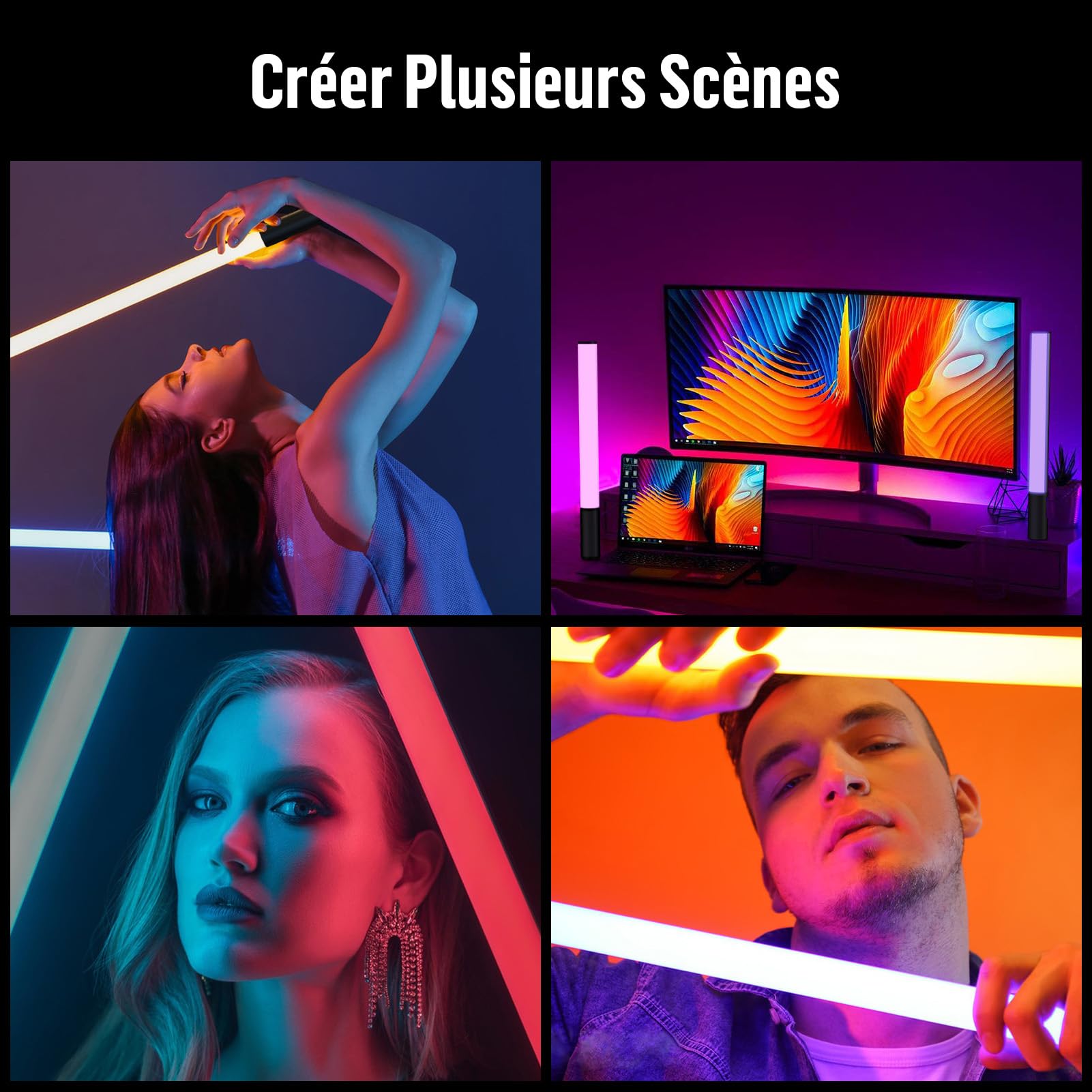 Lampe Vidéo LED RGB Tube Lumineux pour Photo avec Contrôle APP, 360° Couleurs Complètes, 2500K-9900K, Luminosité Réglable, 24 Effets, 2600mAh Batterie pour TikTok, Vlog, Youtube, Photographie