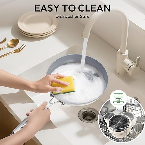 Miniatura 7 de Juego de utensilios de cocina antiadherentes de cerámica de 10 piezas, ollas y sartenes sin PFOA con tapas de vidrio, cocción saludable, fácil de