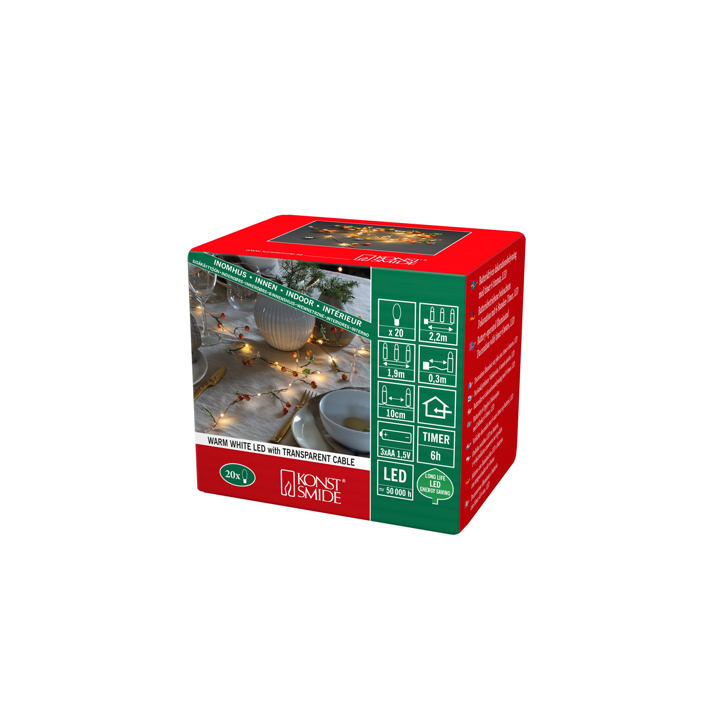 Konstsmide LED Battery Christmas Lights/Orchids and Cherries Battery Fairy Lights/Indoor Use (IP20)/20 Warm White LED Lights/6 Hour Timer/3 AA Batteries (Excl.)/Transparent Wire String Lights