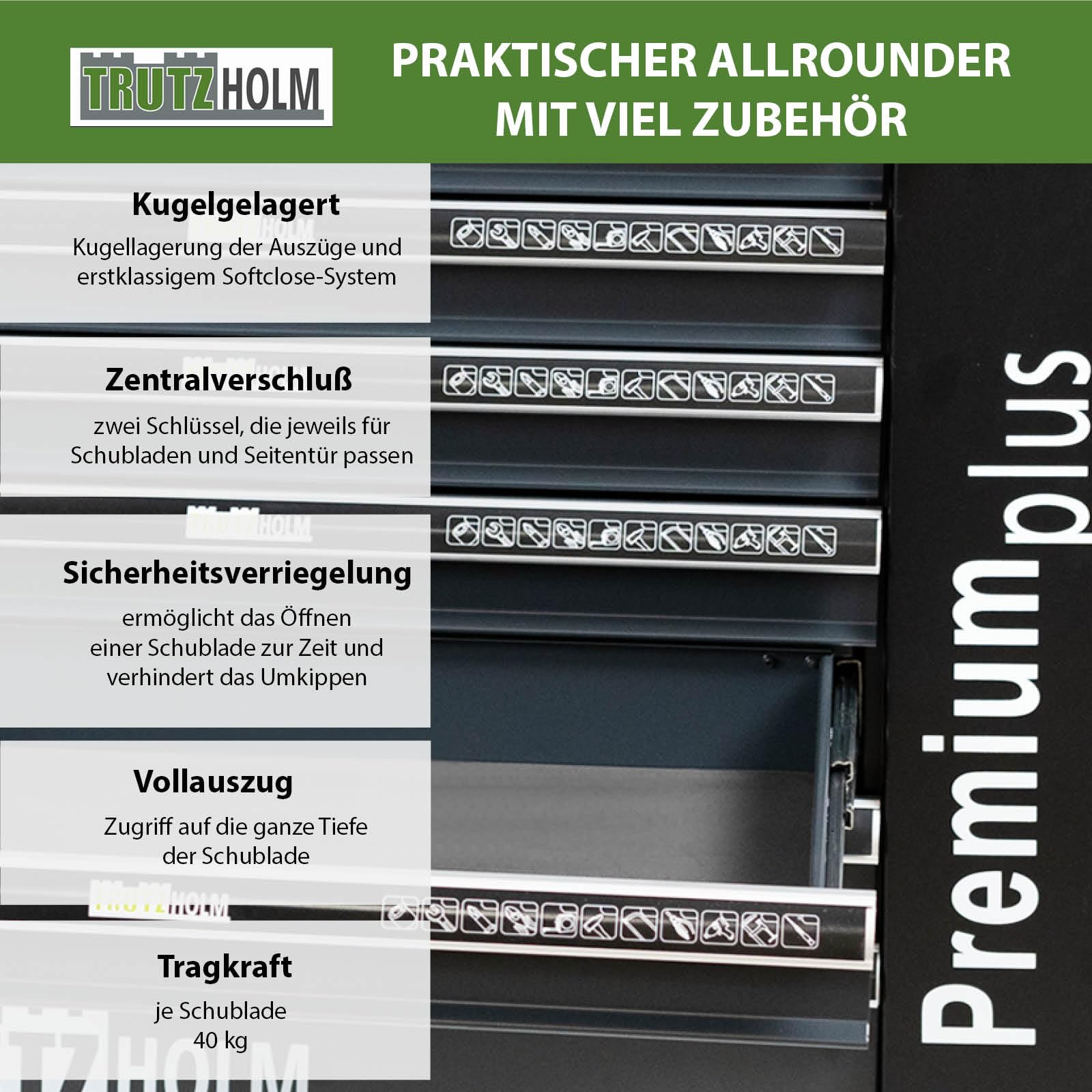 TRUTZHOLM Werkstattwagen Premium Plus unbestückt, Werkzeugwagen leer mit 7 Softclose-Schubladen, Seitentür, Zentralverriegelung, Interlock-System, abschließbar, Mobile Werkzeugaufbewahrung Anthrazit