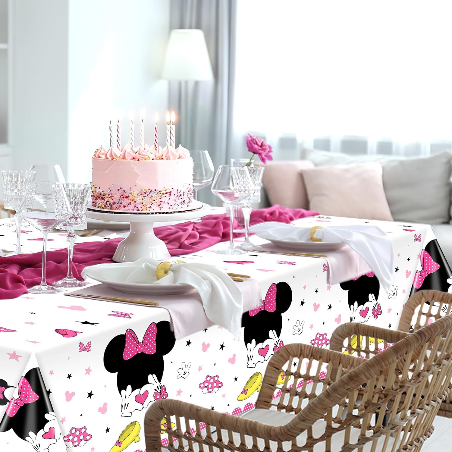 3 Pieces Cartoon Pink Mouse Disposable Birthday Table Covers Cute Mouse Head Waterproof Plastic Tablecloths for Kids Girls 54x108IN Birthday Party Supplies