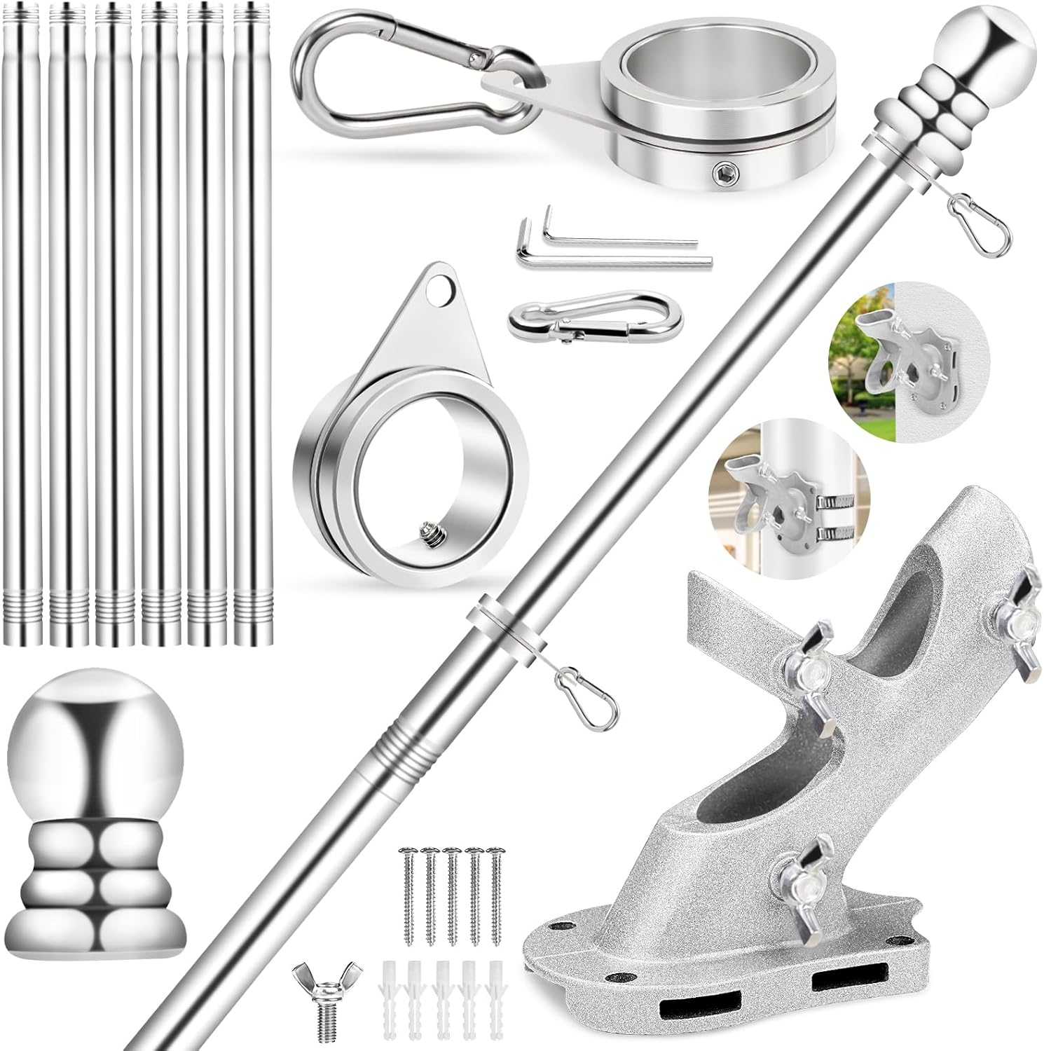 REERON Flag Pole for Outside House Porch Wall Mount, 7 FT No Tangle Stainless Steel Spinning Flagpole Kit with 1" 360° Metal Flag Pole Rings Clips & 2-Position Holder for 3x5' 4x6' American Flags