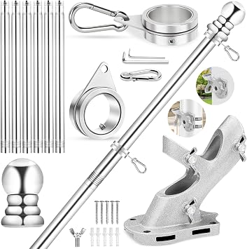Flag Pole for Outside House Porch Wall Mount, REERON 7 FT No Tangle Stainless Steel Spinning Flagpole Kit with 1" 360 Metal Flag Pole Rings Clips & 2-Position Holder for 3x5 4x6 American Flags