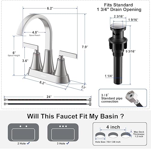 Miniatura 5 de Hurran - Grifo para lavabo de baño, de níquel cepillado de 4 pulgadas, 3 agujeros con drenaje emergente y líneas de suministro, grifo giratorio de