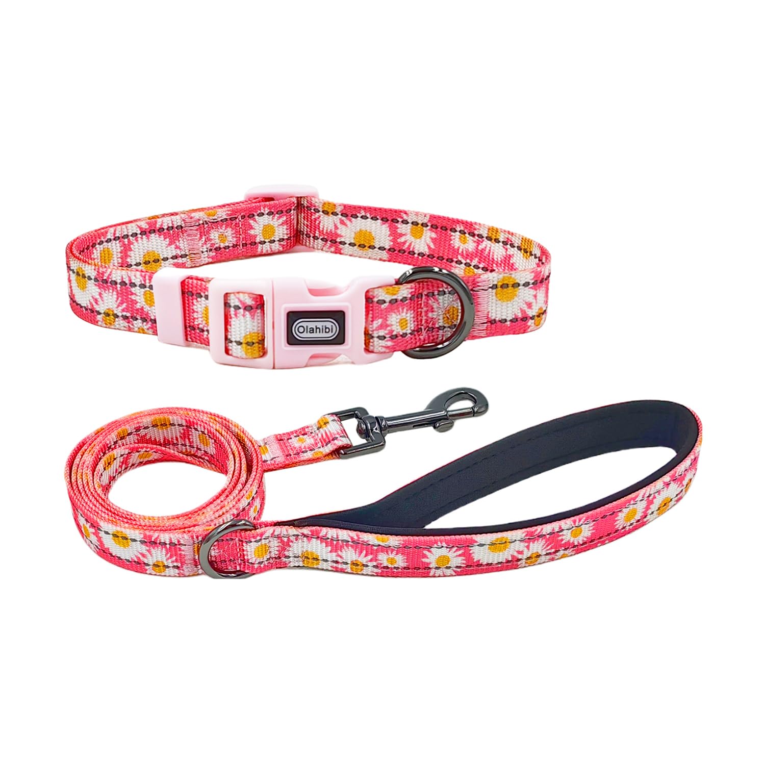Olahibi Dog Collar and Leash Combo Set, Cute Daisy Pattern, Polyester Material, with Reflective Stripes, 150CM Leash