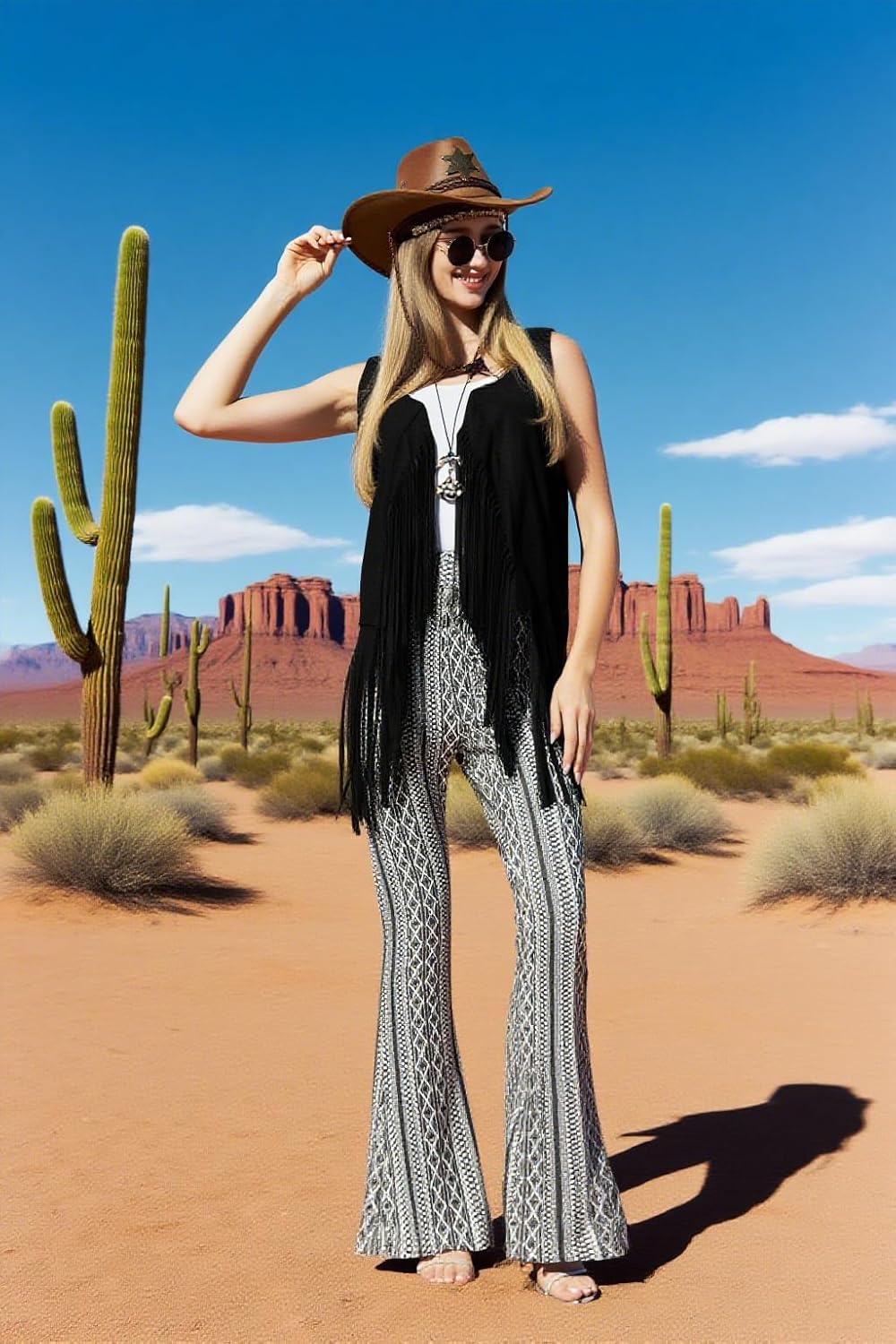 MOLLDAN Women’s 60S 70S Outfits Hippie Costume Retro Peace Sign Fringe Vest Flared Pants Set for Halloween Party - Image 2