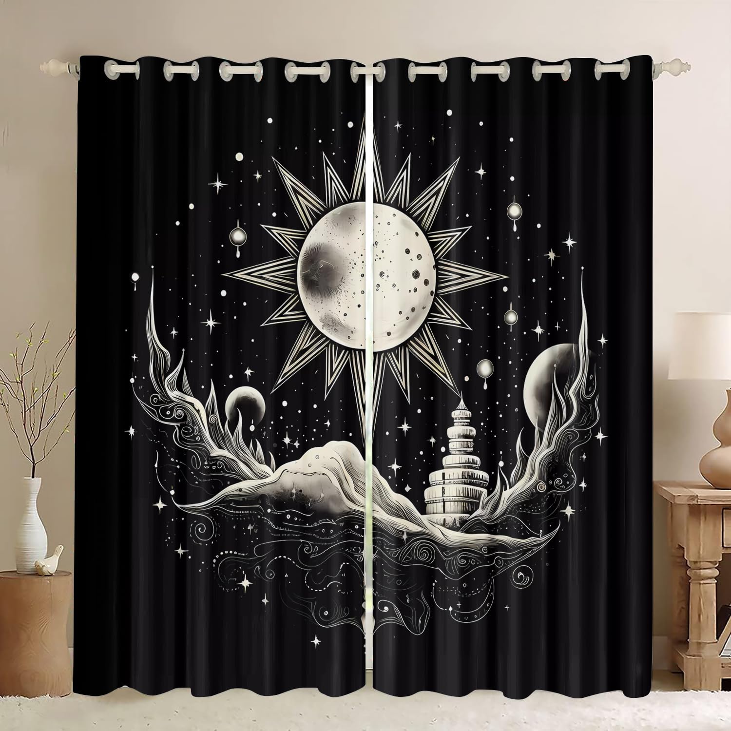 Sun and Moon Curtains 63 Inches Long 2 Panel Sets, Black and White Blackout Living Room Bedroom Curtains & Drapes, Room Darkening Curtains Thermal Insulated Printed Window Treatment Drape Curtains