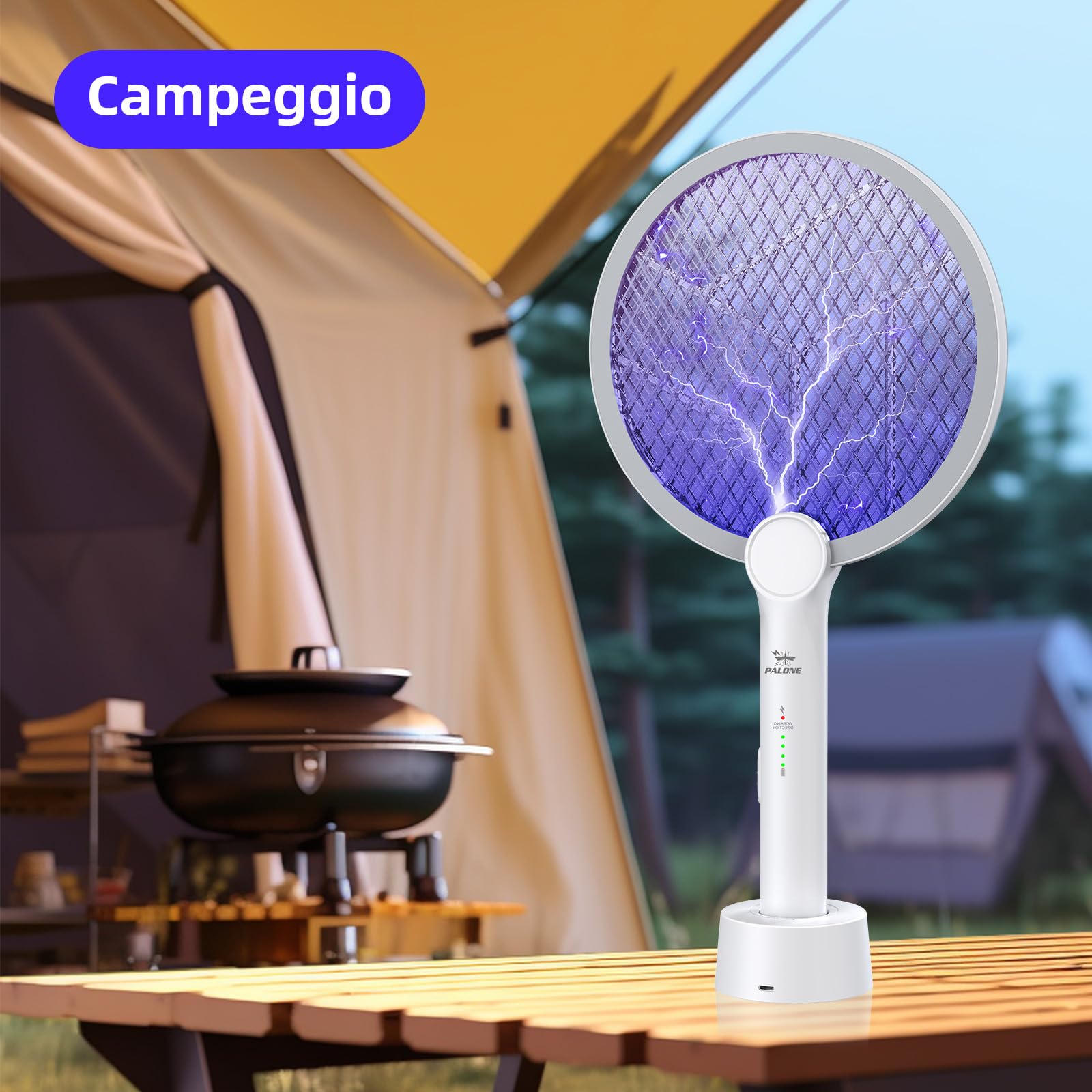 PALONE Racchetta Zanzare Elettrica, Ricaricabile 4000V Racchetta Zanzare Elettrico con USB C, Protezione Maglia a 3 Strati, Antizanzare per Casa Campeggio Interni ed Esterni