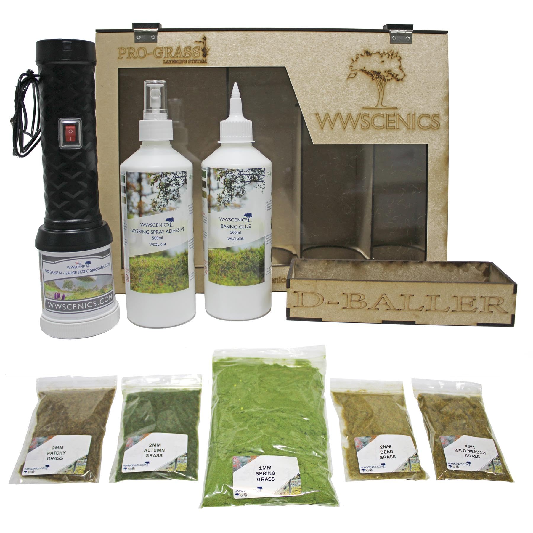 WWScenics Pro Grass Gras-Schichtaufbau Set | Spur-N Starter Kit mit Statische Grasfasern und Begrasungsgerät