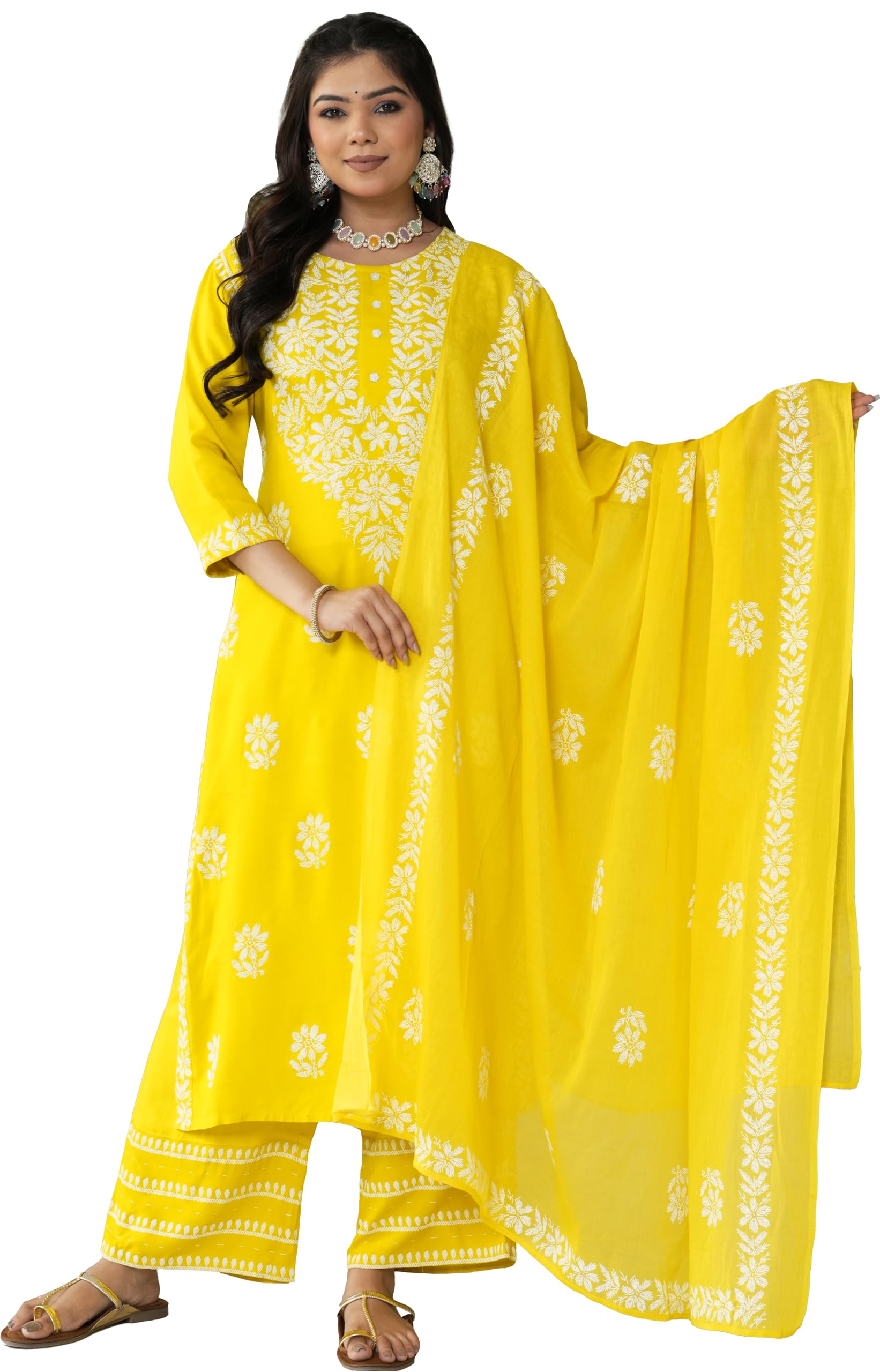 Yash Gallery Women’s Rayon Printed 3-Piece Kurta Set with Dupatta & Pants |Straight Fit Ethnic Wear | Floral Printed Design | Festive, Office & Casual Wear | Not Embroidered