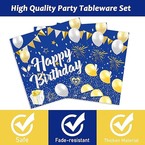 Miniatura 6 de Juego de 49 piezas de vajilla azul marino para fiesta de cumpleaños, suministros de fiesta de cumpleaños azul marino, servilletas, mantel de