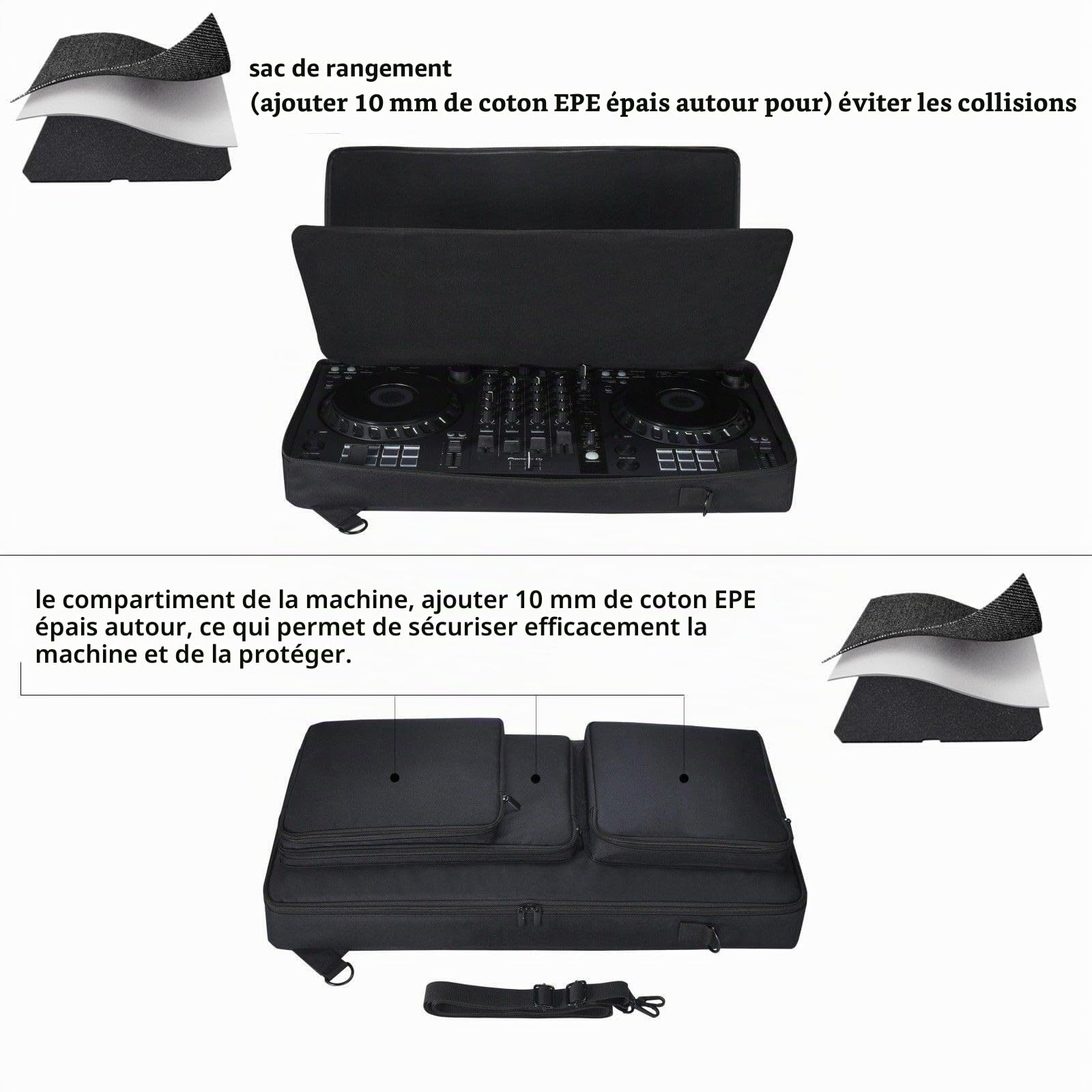Housse Transport pour Pioneer DDJ-FLX6/GT, avec Bandoulière | Polyester 900D Déperlant, Doublure Velours, 3 Poches Avant dont 1 pour PC 17", pour Numark NS4FX/Mixtrack 800/808