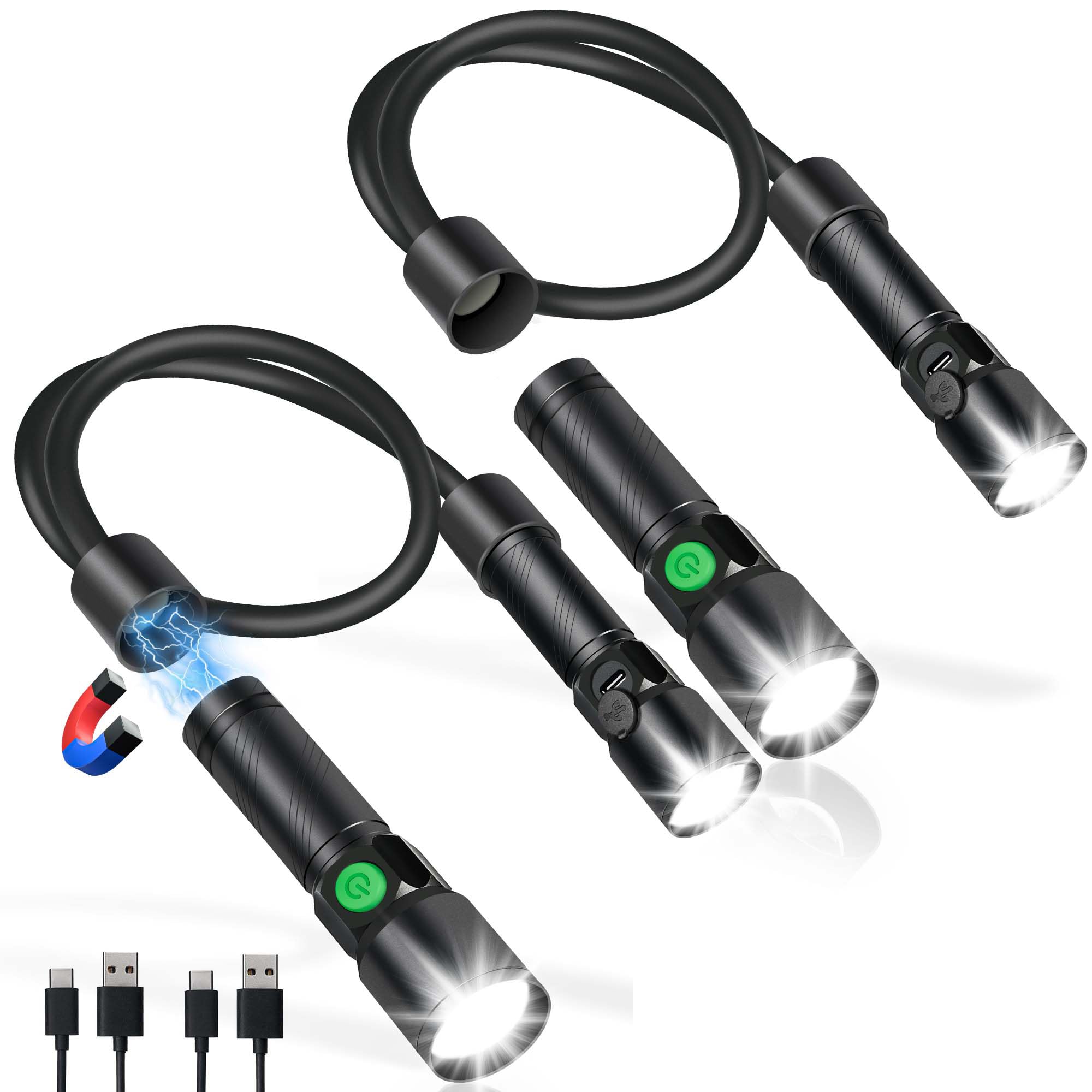 LED Neck Light, 2Pack 1800Lumens Rechargeable Neck Flashlight with Magnetic Base, Detachable Neck Work Light with Zoomable Flashlight, Flexible Around