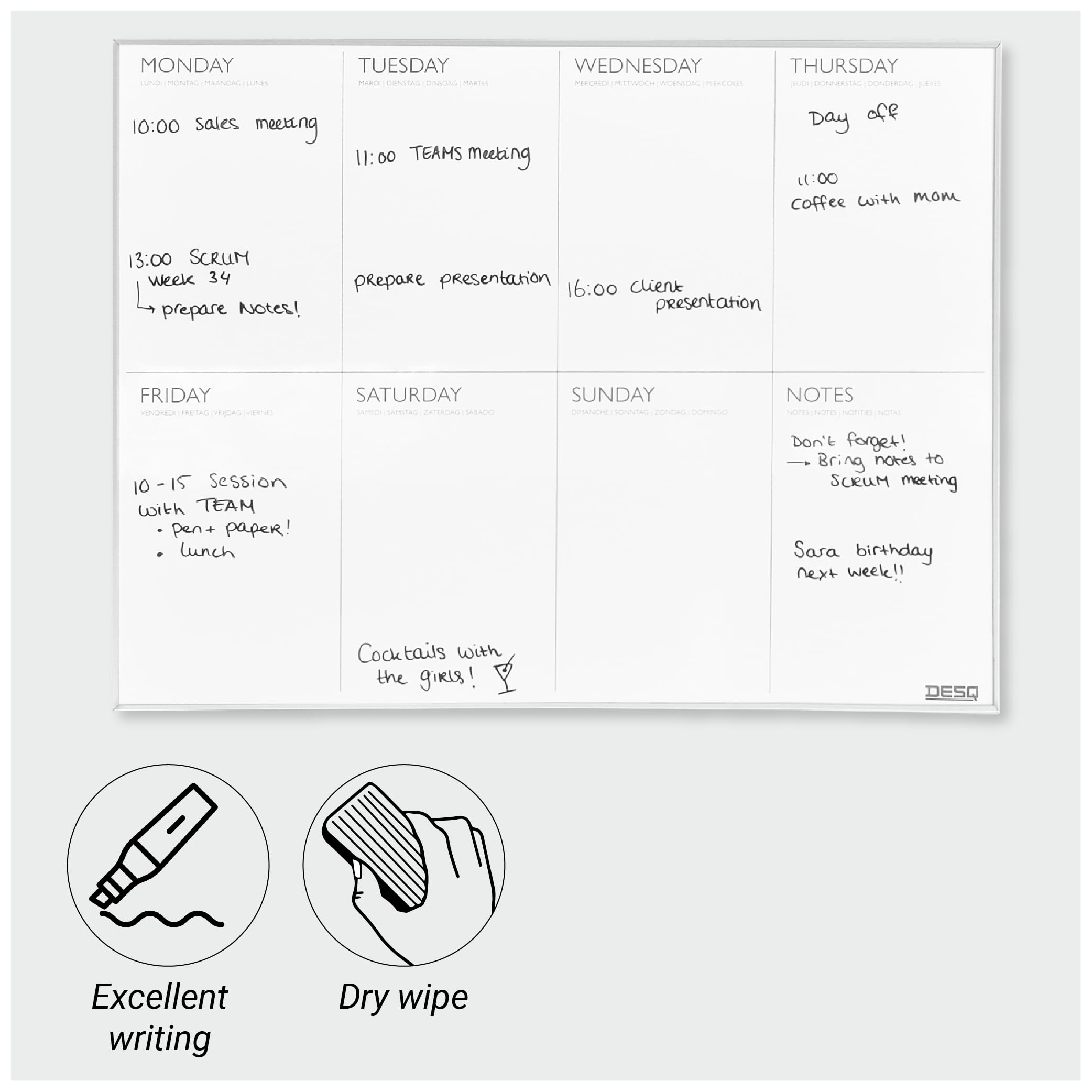 Desq Agenda settimanale | Magnetica | Cornice in alluminio ultra sottile | 45 x 60 cm