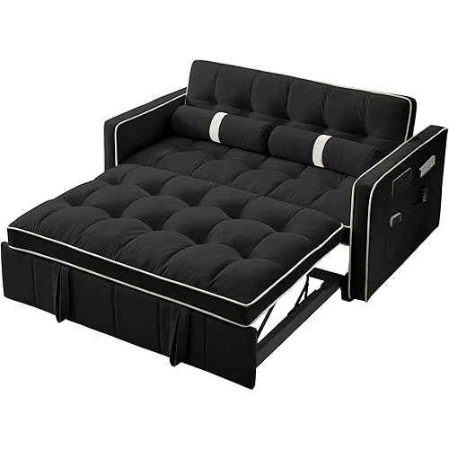 ERYE 3 in 1 Tufted Sleeper Sofa Cylindrical Pillows,Modern Convertible Loveseat Sofá W Pull Out Sleep Couch Bed and Side Pockets,Velvet Upholstered Love Seat Sofabed for Living Room, 55.5", Black1