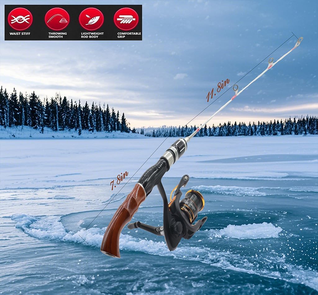 19.7” Ice Fishing Rod and Reel Combo-Spinning Ice Fishing Combos Fishing Poles Bass Crappie Rod Fishing Pole Kids Fishing Pole Ice Fishing Gear for Winter Fishing