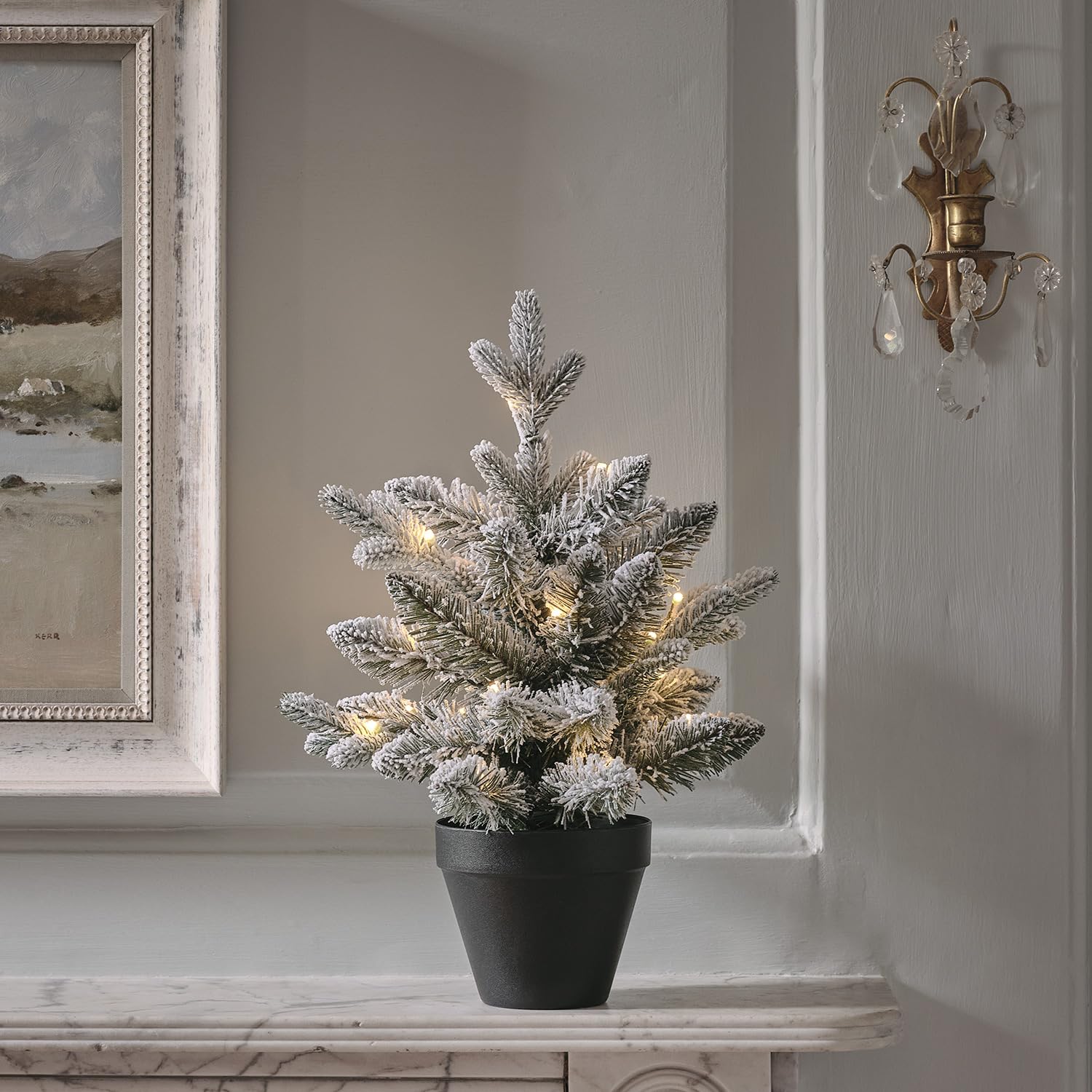 Lights4fun Snowy Green Pre-Lit Snowy Christmas Tree (45 Cm) Crafted From Faux Foliage With Warm White Led Lights | Indoor Christmas Tree Decoration