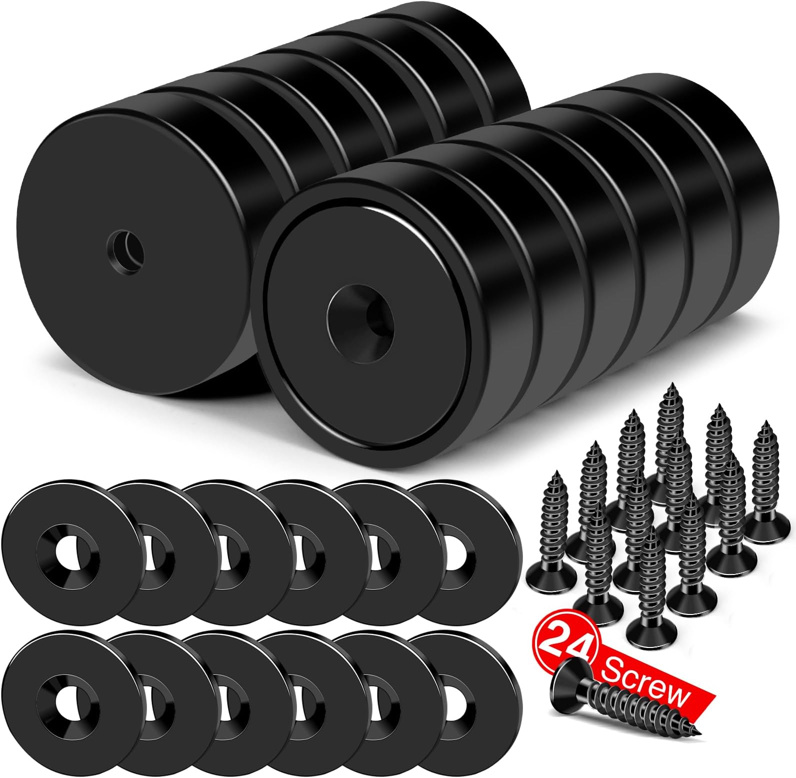 MIKEDE 12Pack Strong Neodymium Cup Magnets, 70Lbs+ Force Heavy Duty Black Round Base Cup Magnets with Countersunk Hole, Powerful Industrial Rare Earth Magnets with Screw for Mounting, 0.98x0.22inch