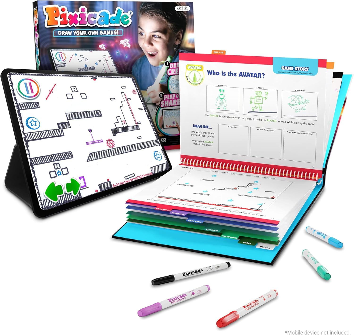 Abacus Brands Pixicade – CREA Tus Propios Videojuegos, Juguete Stem | Sin programación – dibuja, escanea y juega al instante. Incluye 5 rotuladores y libro de diseño de 108 páginas