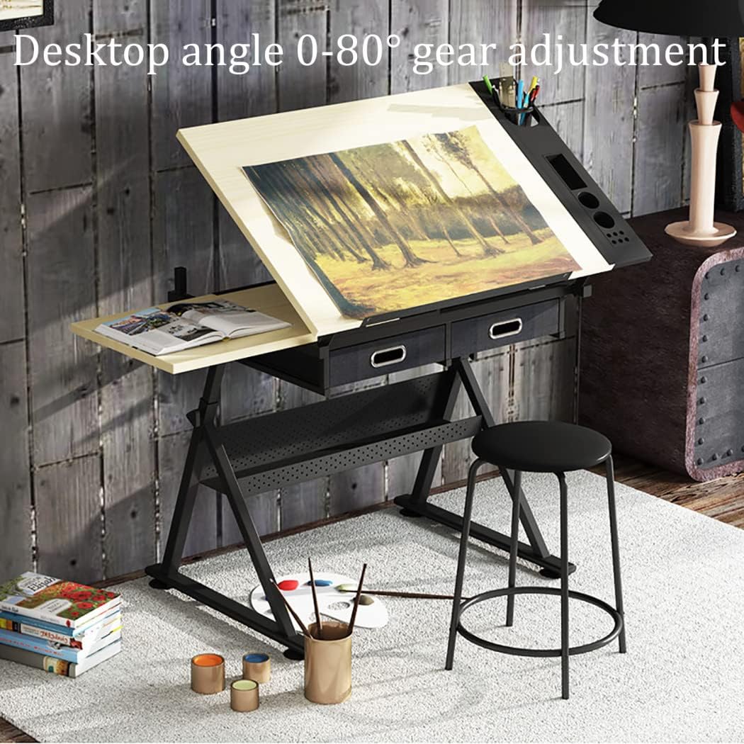 Easel Drawing Table Drafting Desk, Adjustable Drafting Table with Stool, 2 Drawers Drawing Table Craft Table with Metal Frame, Tiltable Art Craft Desk Painting Desk, Wood,
