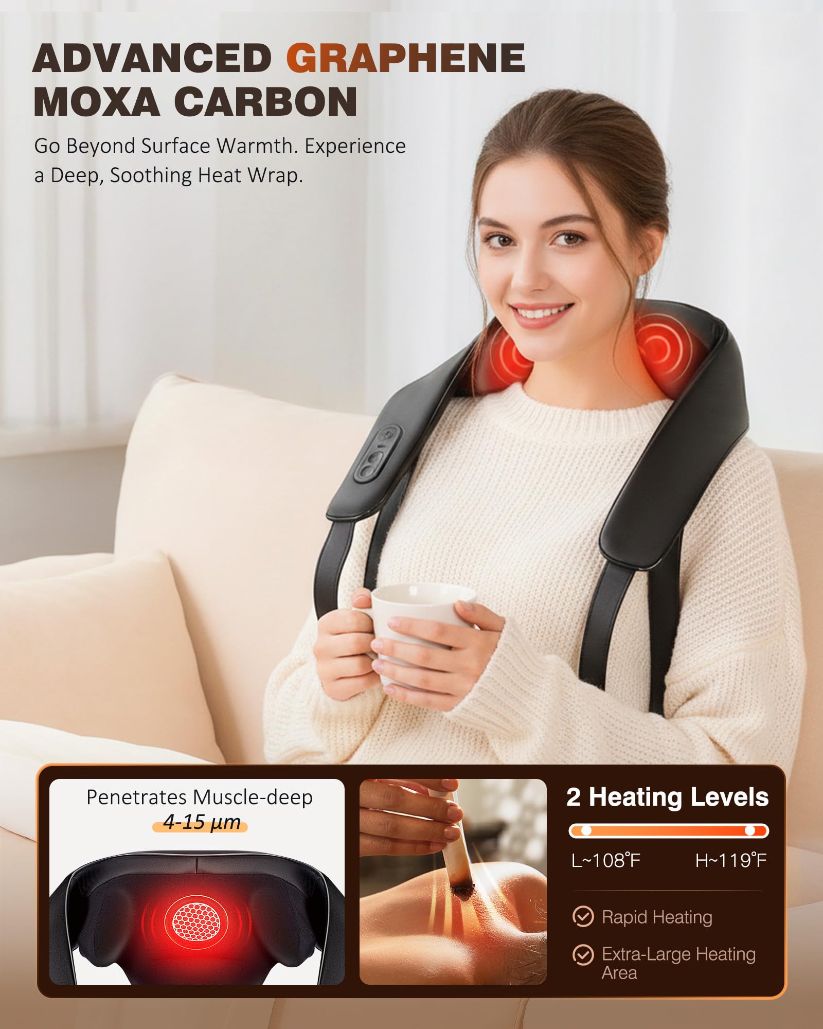 Massaggiatore collo spalle con calore, senza fili, riscaldamento grafene, massaggio Shiatsu 4D impastamento profondo per alleviare dolore a spalle, schiena e gambe, nero intenso