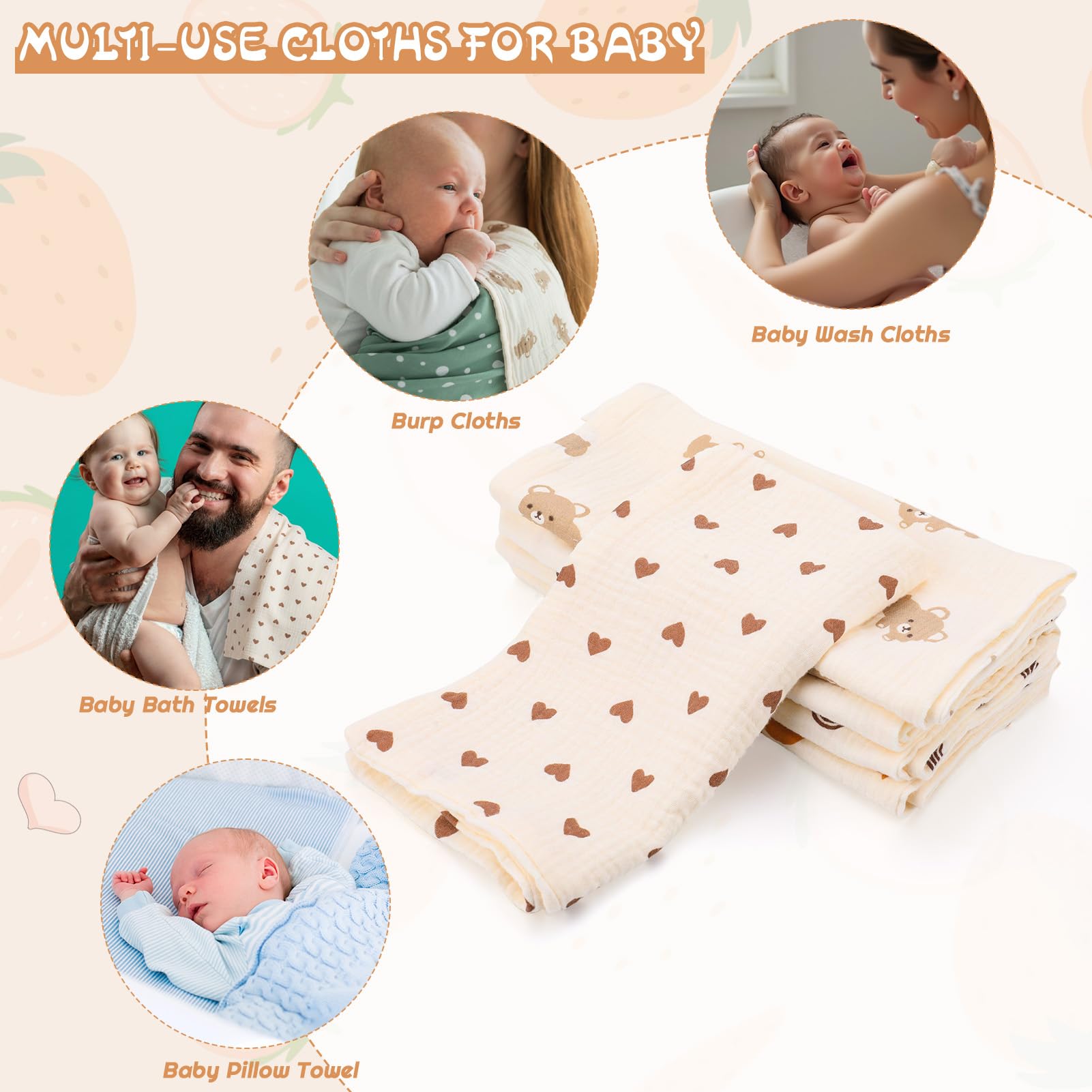 GSrenyu 5 Pack Muslin Cloths For Baby 25x50cm 100% Cotton Baby Muslin Cloths For Newborn Wiping Feeding Burp Shower - Image 3