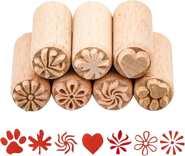 7PCS Wood Stamp, Wooden Handle Pottery Tools Set Clay Stamps Cookie Dough Textiles Scrapbook Printing Tools Block Stamp for Clay Christmas Birthday Gift 50 x 20mm