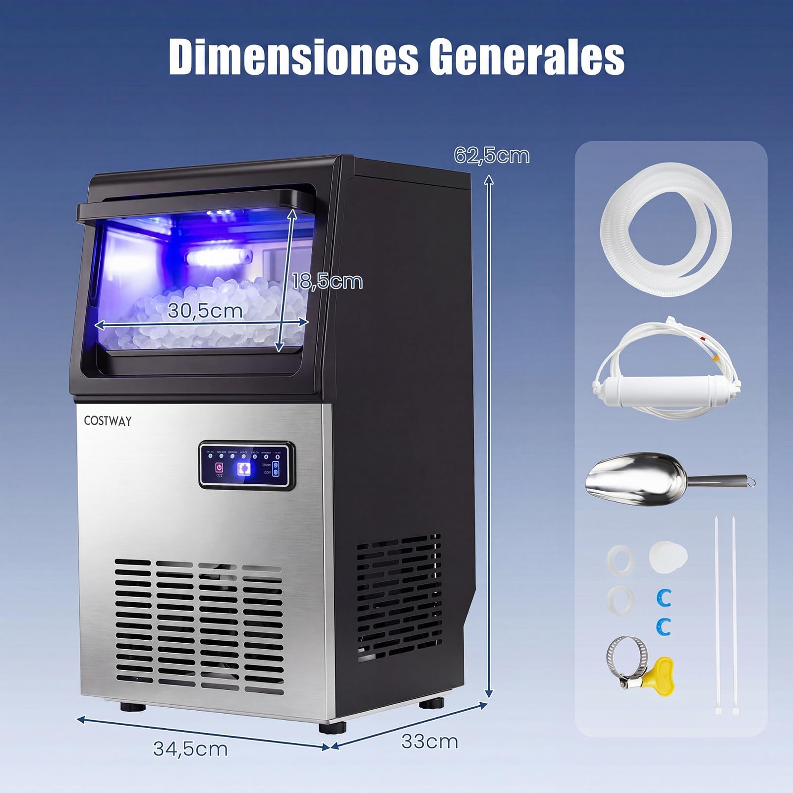 COSTWAY Máquina de Hielo Comercial, 41 kg/Día, Cubitos de Hielo Masticables | Ice Maker, Autolimpieza y Cuchara, Hielera de Acero Inoxidable para Cocina, Bar