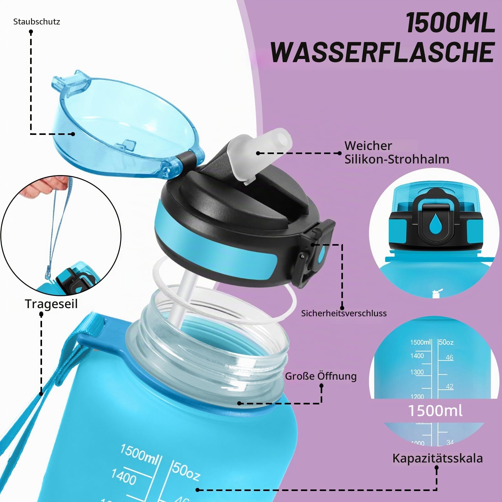 Trinkflasche Sport, Trinkflasche 1 5 liter, Wasserflasche mit Strohhalm, mit Motivierendem Slogan, Wasserflasche Auslaufsicher, Leicht zu Reinigen, Flasche für Camping, Outdoor, Wandern, Running