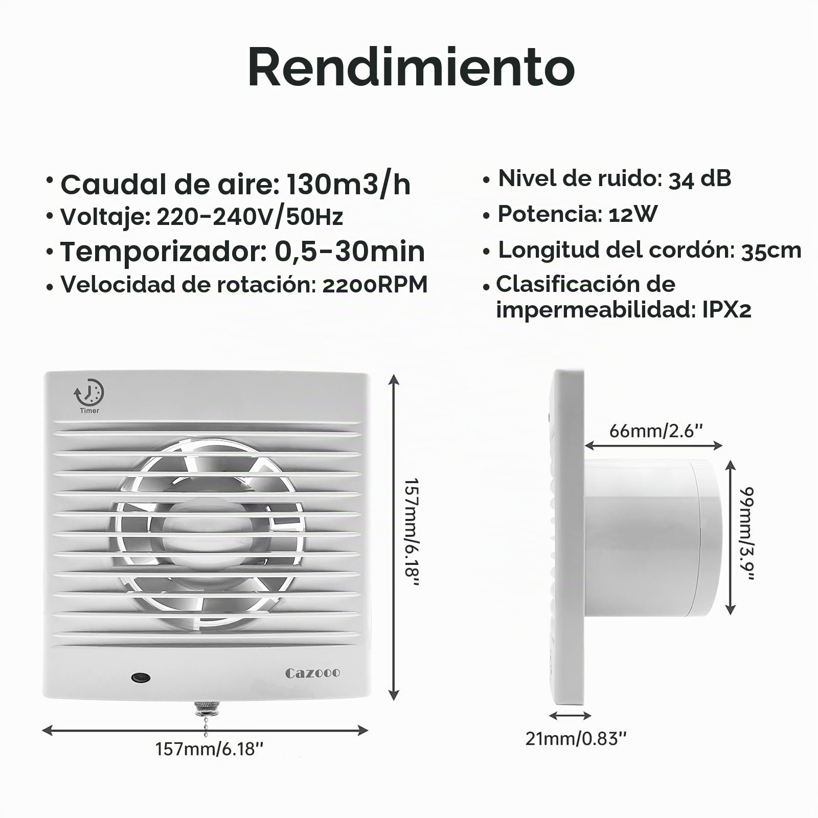 Ventilador extractor de baño de 100 mm con temporizador y cable de tracción, ventilador silencioso de baño de 12 W 130 m³/h, para montaje en pared/ventana, para cocina, inodoro, oficina, 34 dB