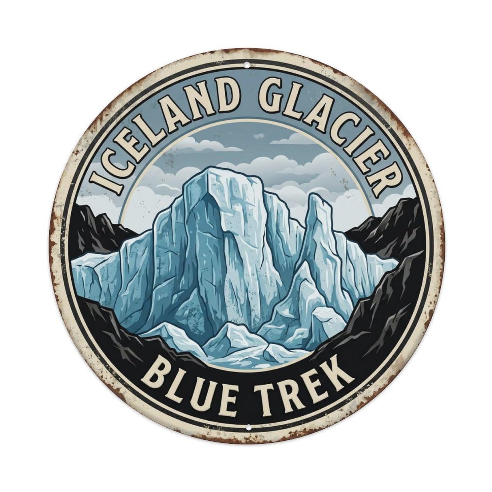 Glacier Blue Trek Iceland Nature Metal Tin Sign Plaque Wall Decor for Cafe, Club, Garden Round Metal Poster 8x8Inch