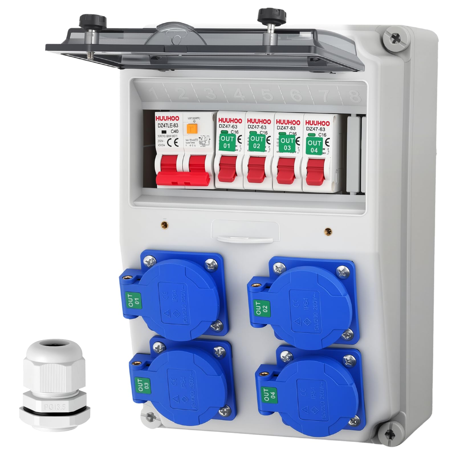 COLFULINE Baustromverteiler mit LS/FI, Vorverdrahtet & Wasserdicht IP66 | Stromverteiler 4x 230V Schuko-Steckdosen 16A, Verdrahtungshinweis, Flammhemmende ABS, für Werkstatt Baustelle Innen & Außen
