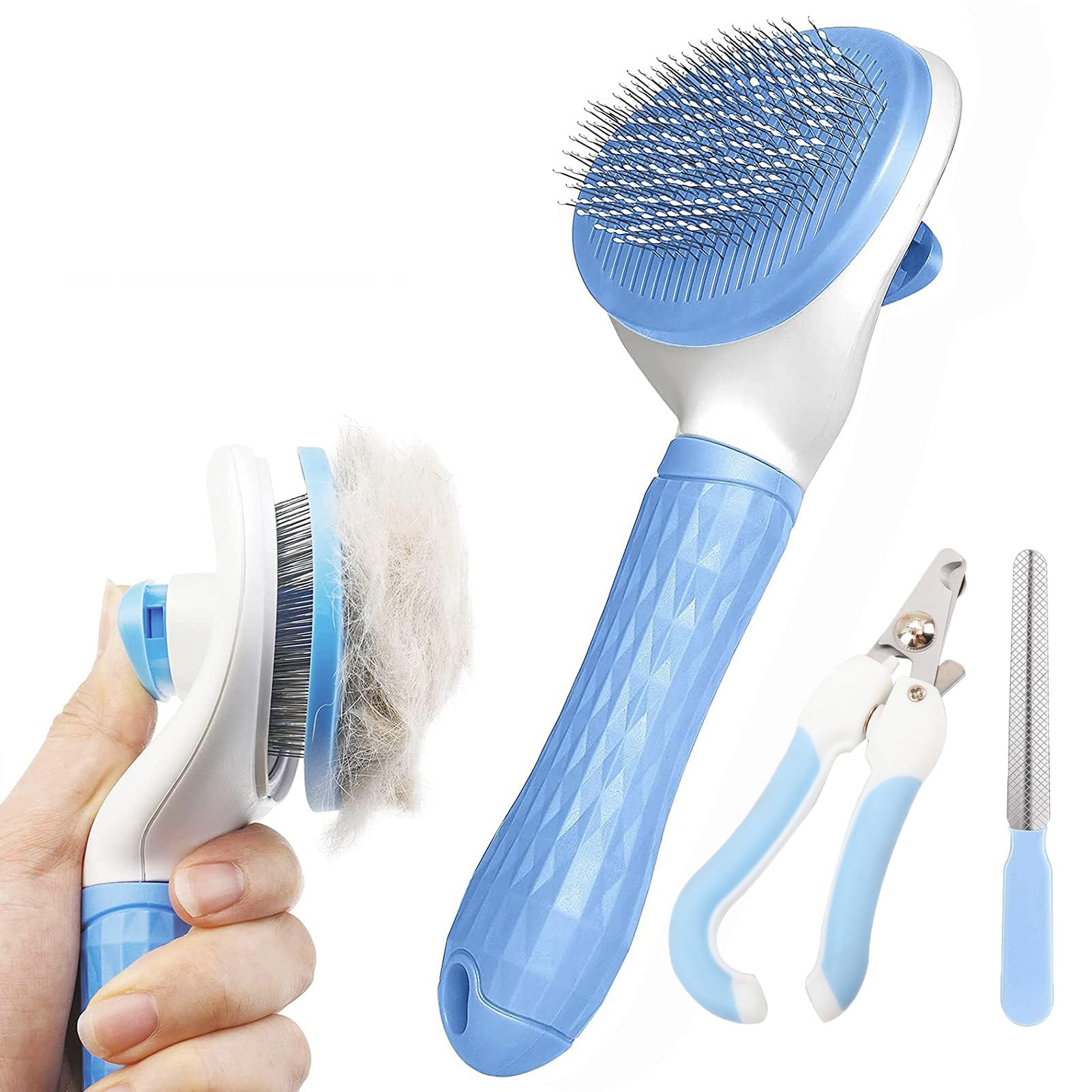 Barky Club 3 Piece Pet Grooming Kit – Self Cleaning Dog Brush, Professional Nail Clippers with Quick Sensor & Safety Lock, Plus Nail File – Ideal for Cats, Dogs, Puppies (Blue)