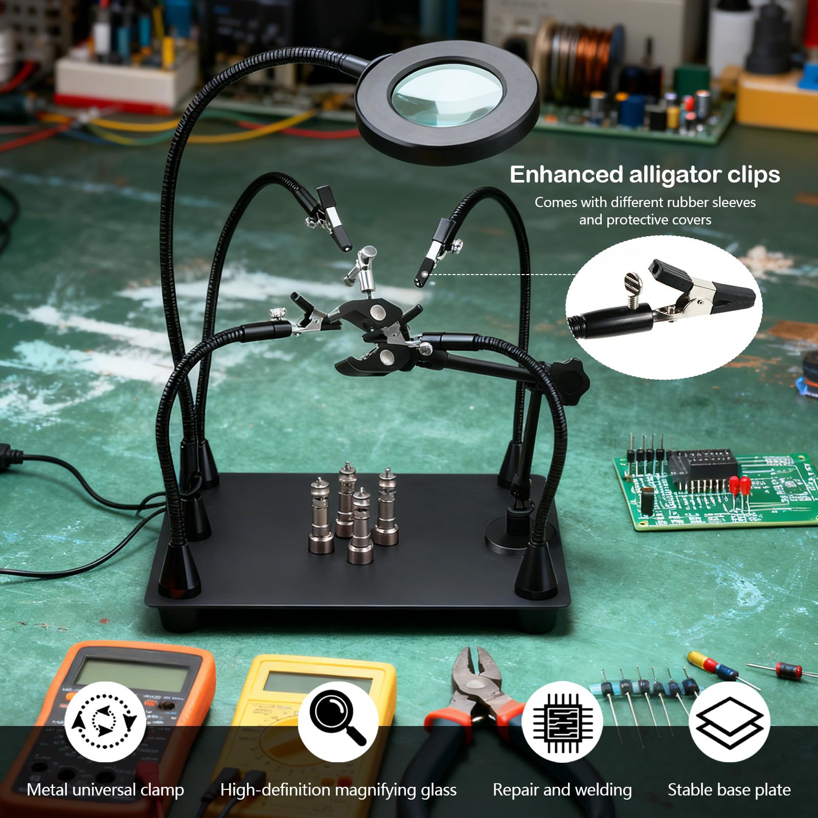 Saldatura Terza Mano, Magnetico Stazione Saldante con 4 Bracci Flessibili Lente d'Ingrandimento a LED 6X e Braccio di Supporto Meccanico per Riparazione PCB Lavori di Saldatura Modellismo