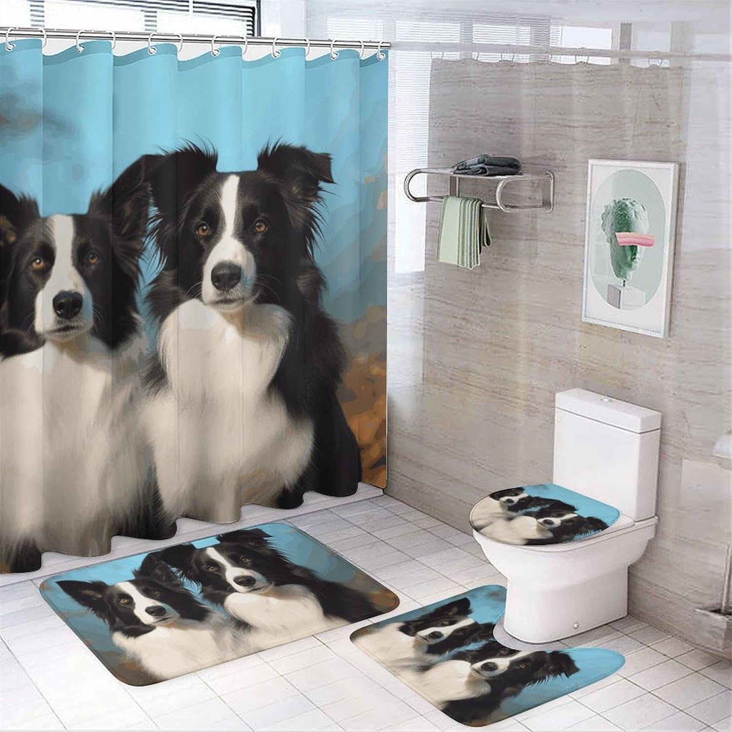 Border Collie Shower Curtain Set 4 Piece, Non-Slip Bath Mat with Toilet Lid Cover and Waterproof Shower Curtain with 12 Hooks, Complete Bathroom Set for Home Decor