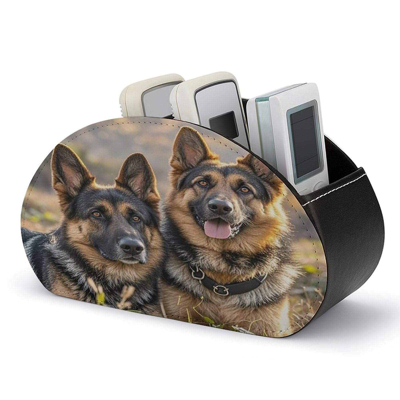 LZQPOEAS German Shepherd Dog Lovers Remote Control Holder with 5 Compartments PU Leather Remote Organizer Box Caddy for Table Nightstand Remote Caddy Desktop Organizer Fits Media Controllers