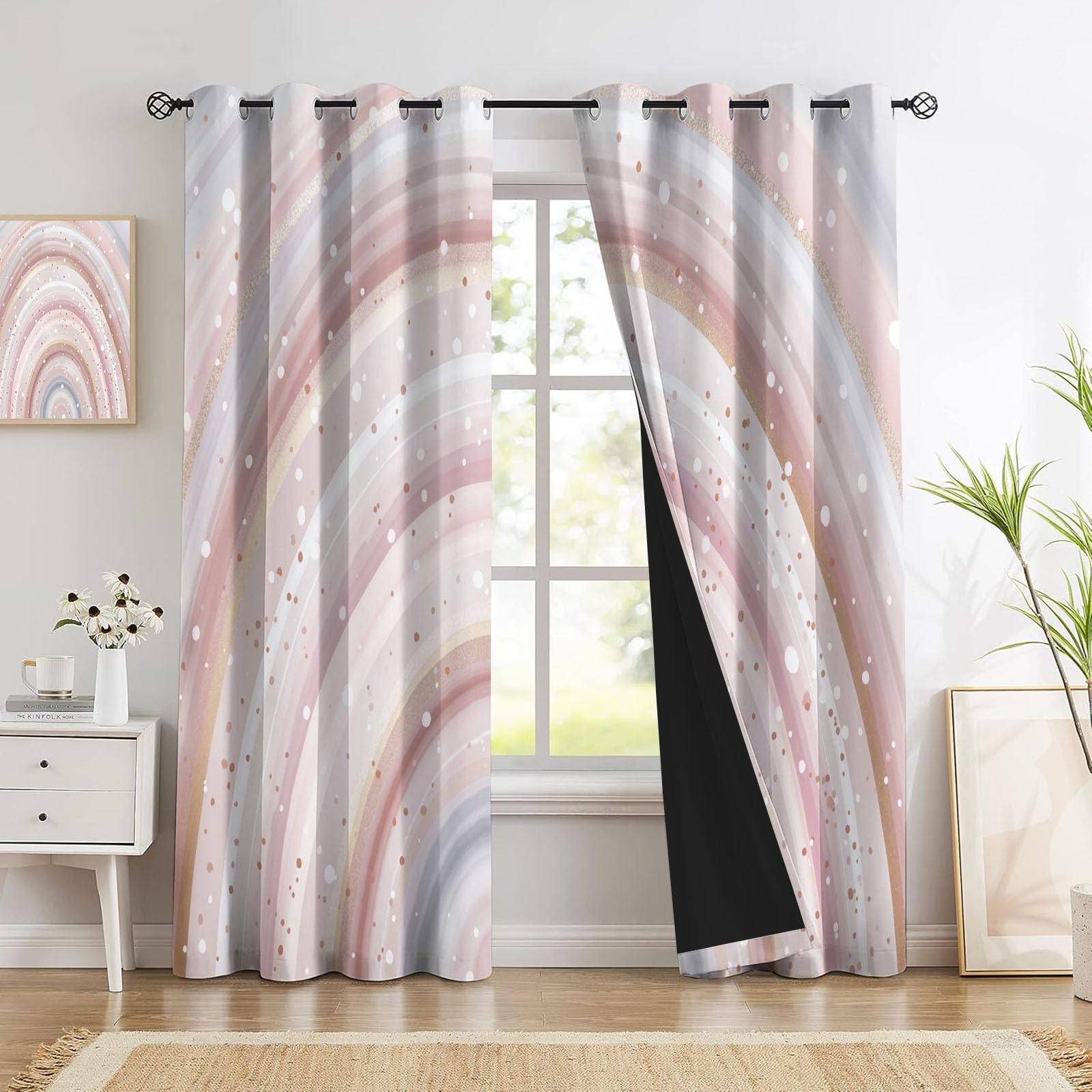 Rideau Occultant Ligne Arc-en-Ciel Mignonne Poudre Blush Salon, Rideaux Thermiques À Oeillets, Graffiti Bohème Decoration Chambre Fenetre, Lot De 2 Draperies Intérieurs 140X175 Cm (L X H)