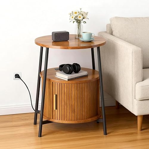 Miniatura 7 de Juego de 2 mesas auxiliares y estación de carga, mesa auxiliar estriada con puerta corredera, juego de 2 mesitas de noche modernas de mediados de