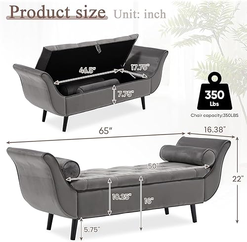 Miniatura 2 de Banco de almacenamiento para dormitorio, banco de pie de cama, tamaño King, largo y moderno tapizado de terciopelo, bancos otomanos con brazo para