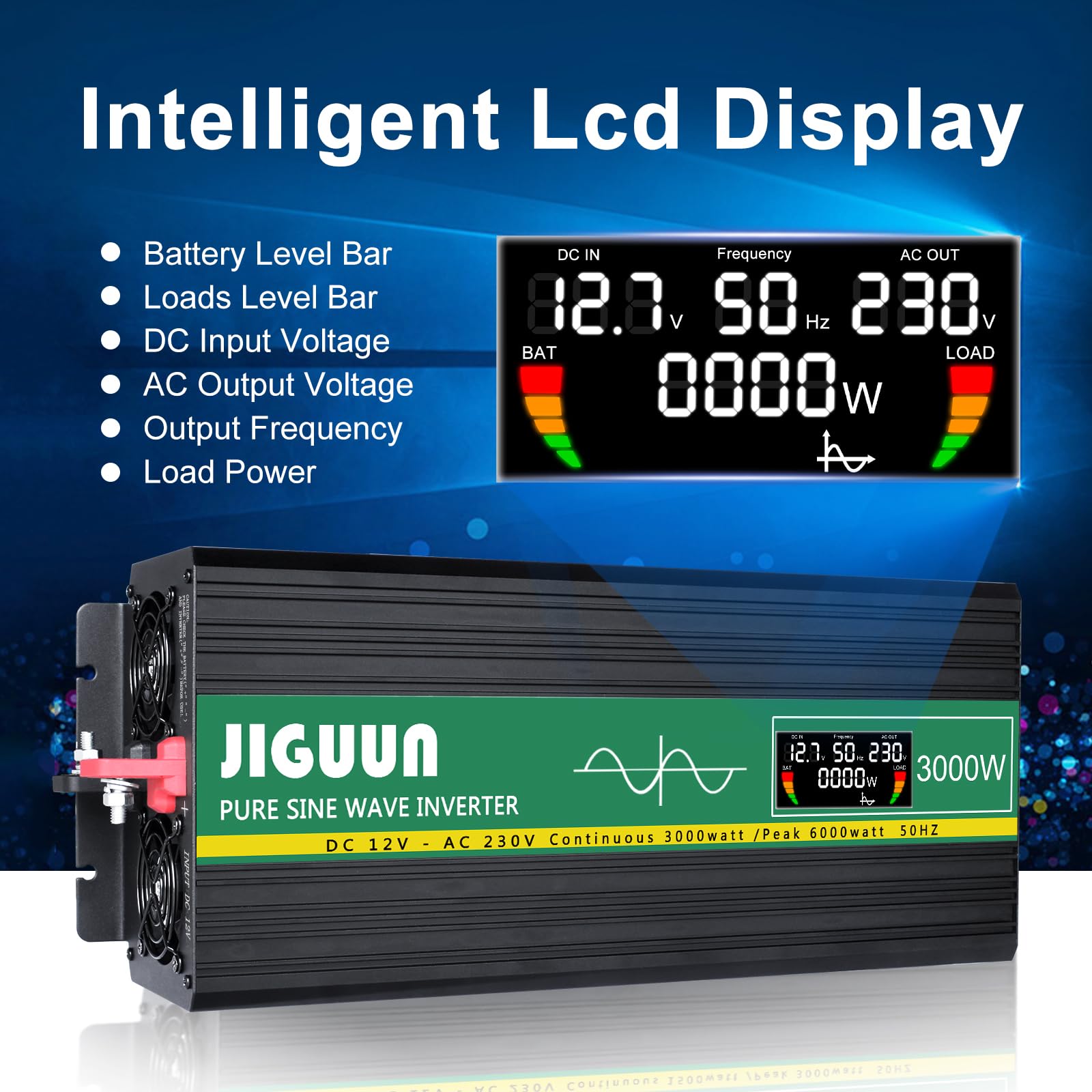 Convertisseur 3000W Pur Sinus JIGUUN 12V/220V - Chargeur 30A + UPS - 2 Prises EU - Télécommande LCD - Pic 6000W