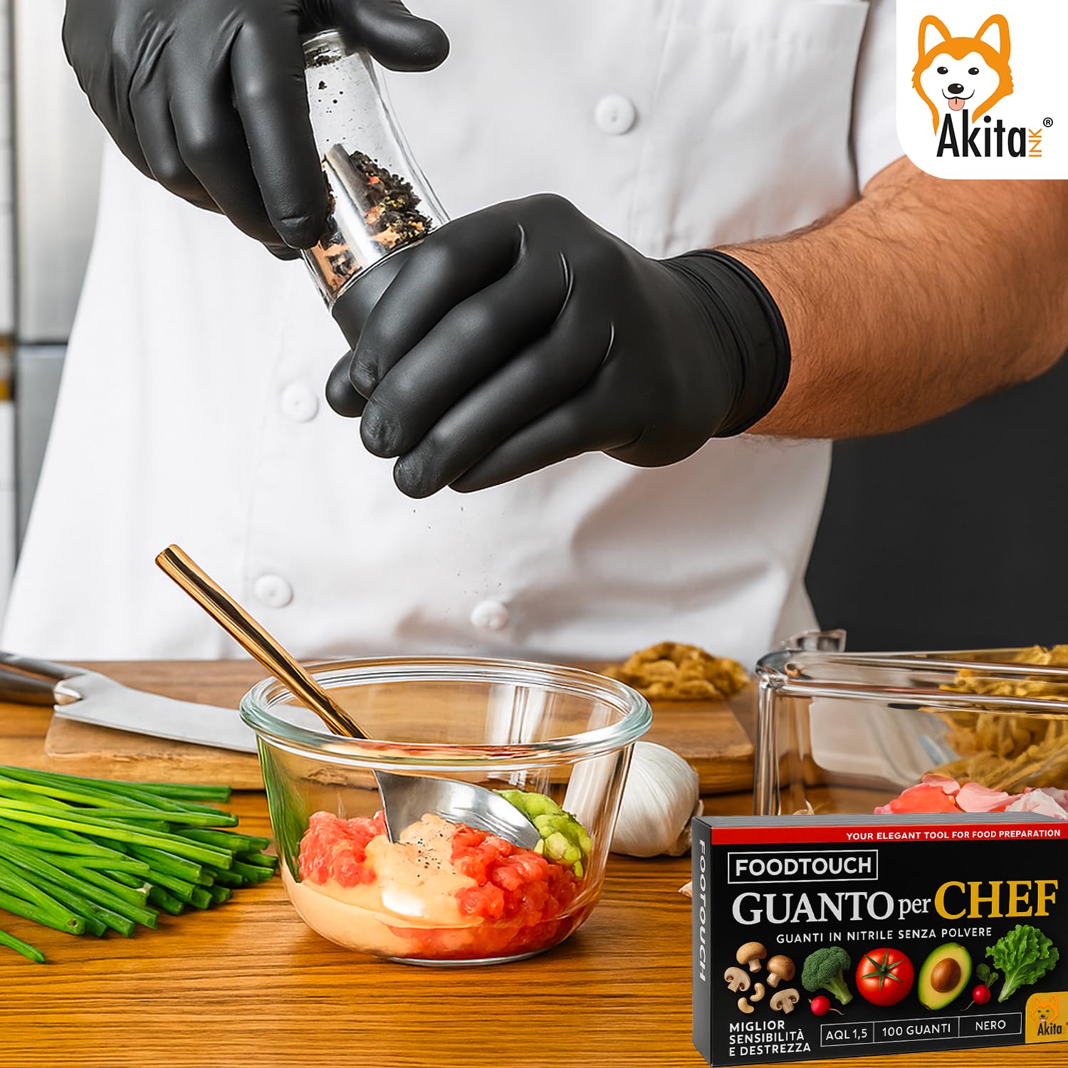 AKITAInk Guanti Chef Nitrile Neri 100 Pezzi Food Touch | Monouso Professionale per Chef e Ristorazione | Senza Polvere, 4g | Ideali per Ristorazione e Manipolazione Alimenti (XL)