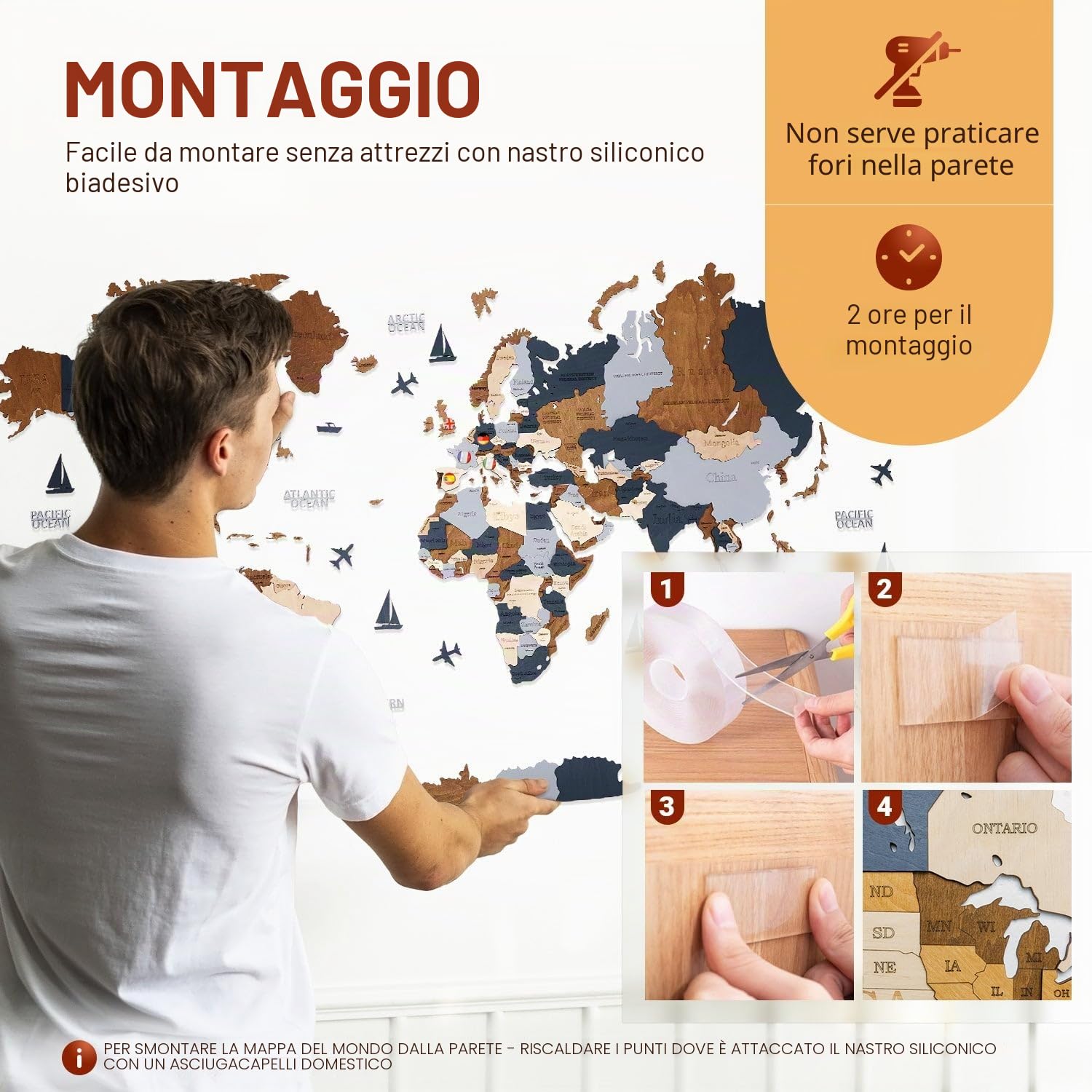 WOW WOOD Mappamondo in Legno in Inglese - 3D Scuro per lo Studio | Betulla multistrato, 324 pin con bandiere, 120x62 cm, tono espresso, montaggio adesivo, regalo aziendale che resta al muro