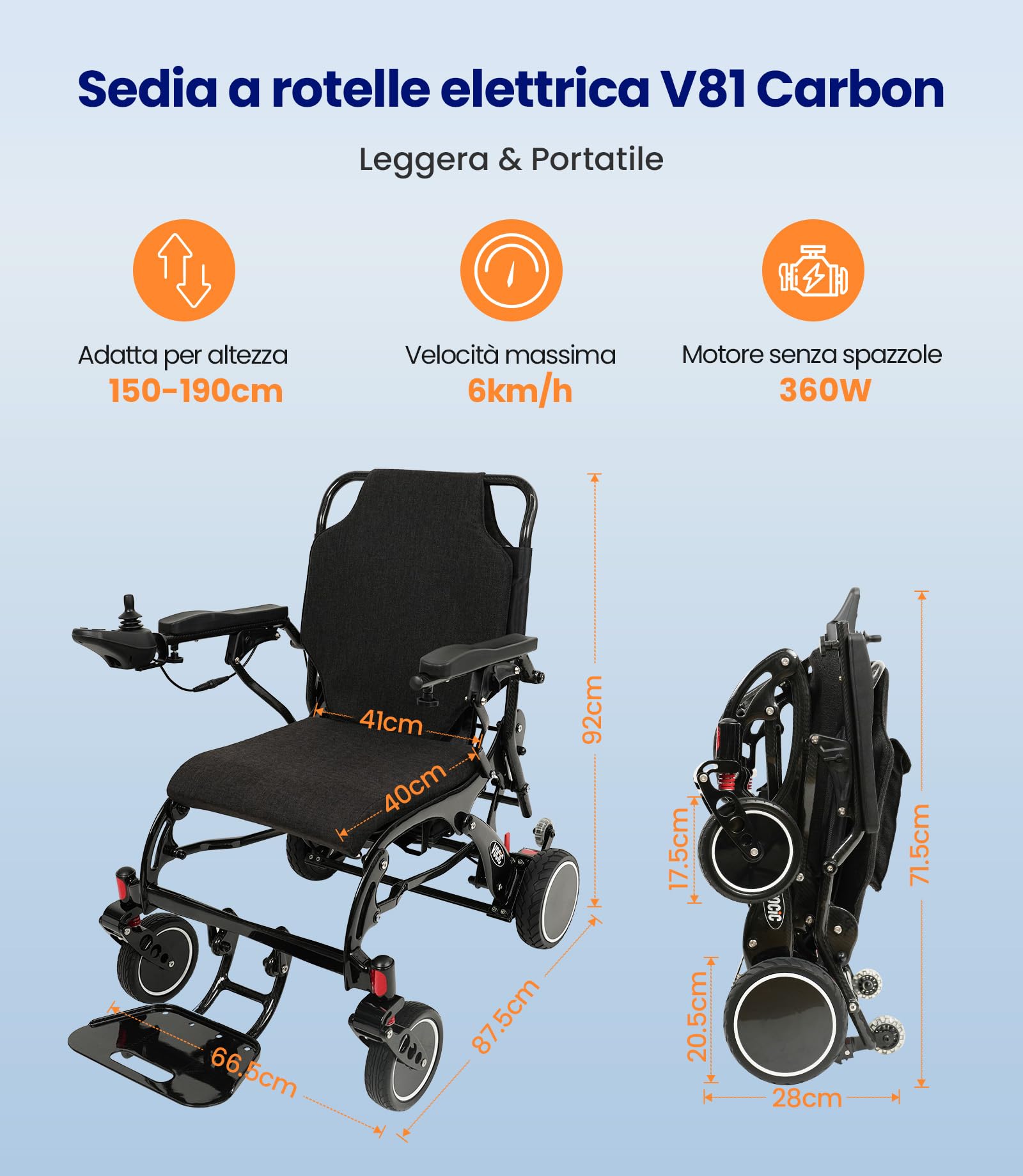 VOCIC Carbonio Sedia a rotelle elettrica pieghevole leggera,28 chilometri | V81 Carrozzina elettrica doppia batteria per anziani,Pneumatici in PU per tutti i terreni,Aeromobile idoneo al volo