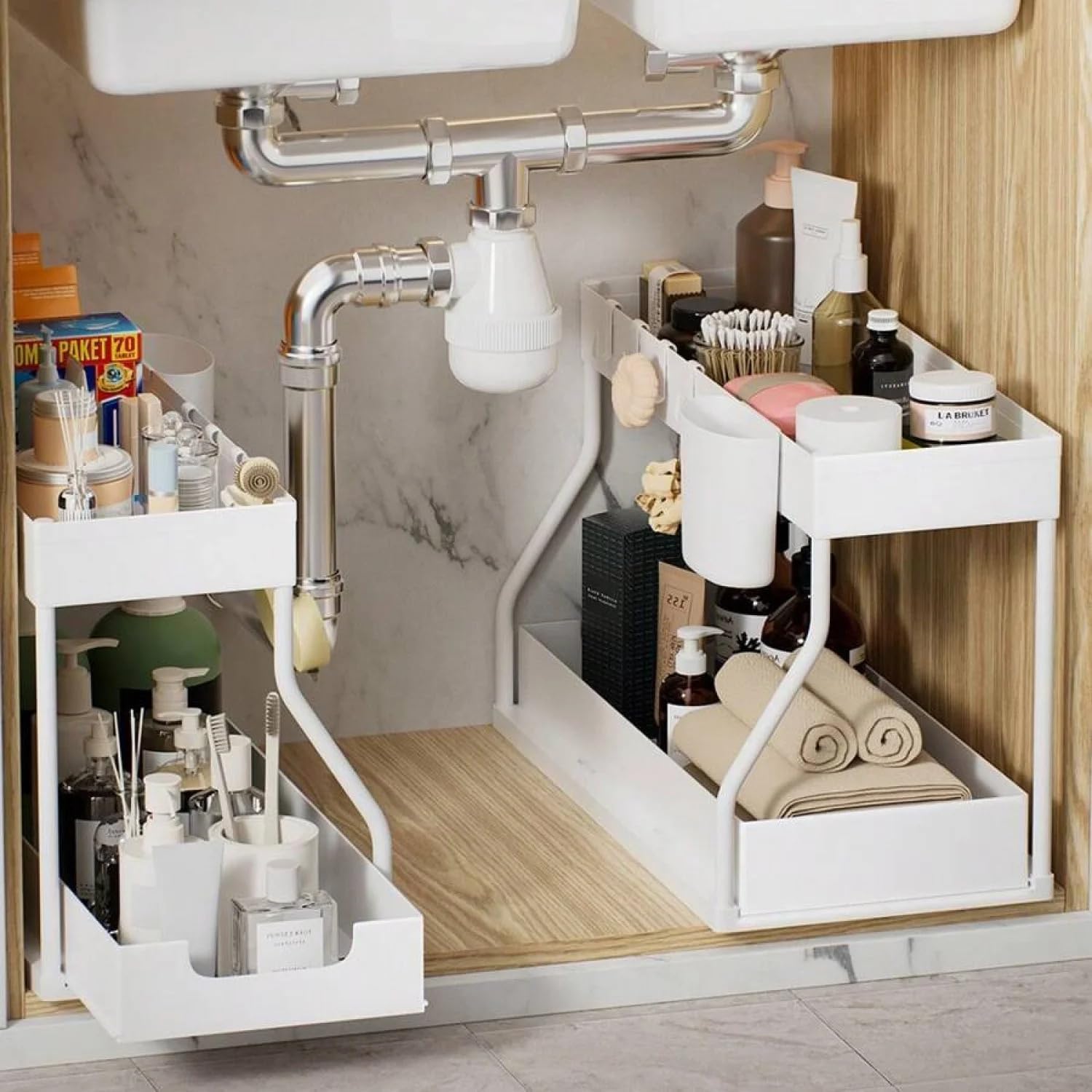 Organizador Bajo Fregadero COLMO 2 piezas, 2 niveles, cajón deslizante con cierre de seguridad, diseño en forma de R, plástico ABS, blanco miniatura 1