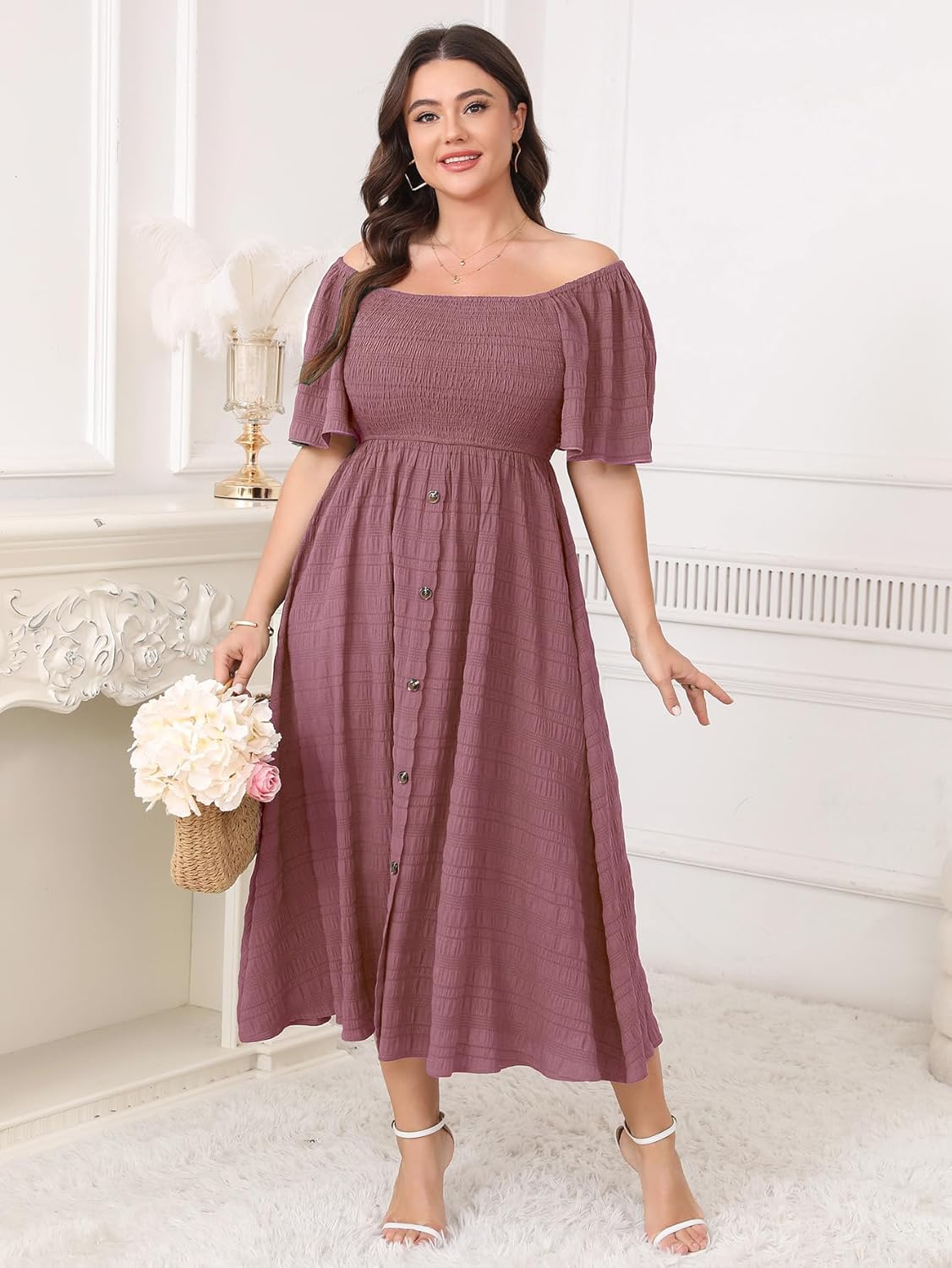 Plus Size Casual Maxi Boho Dress for Curvy Women Short Sleeve Square Neck Smocked Summer Beach Dresses Button Down - Image 4